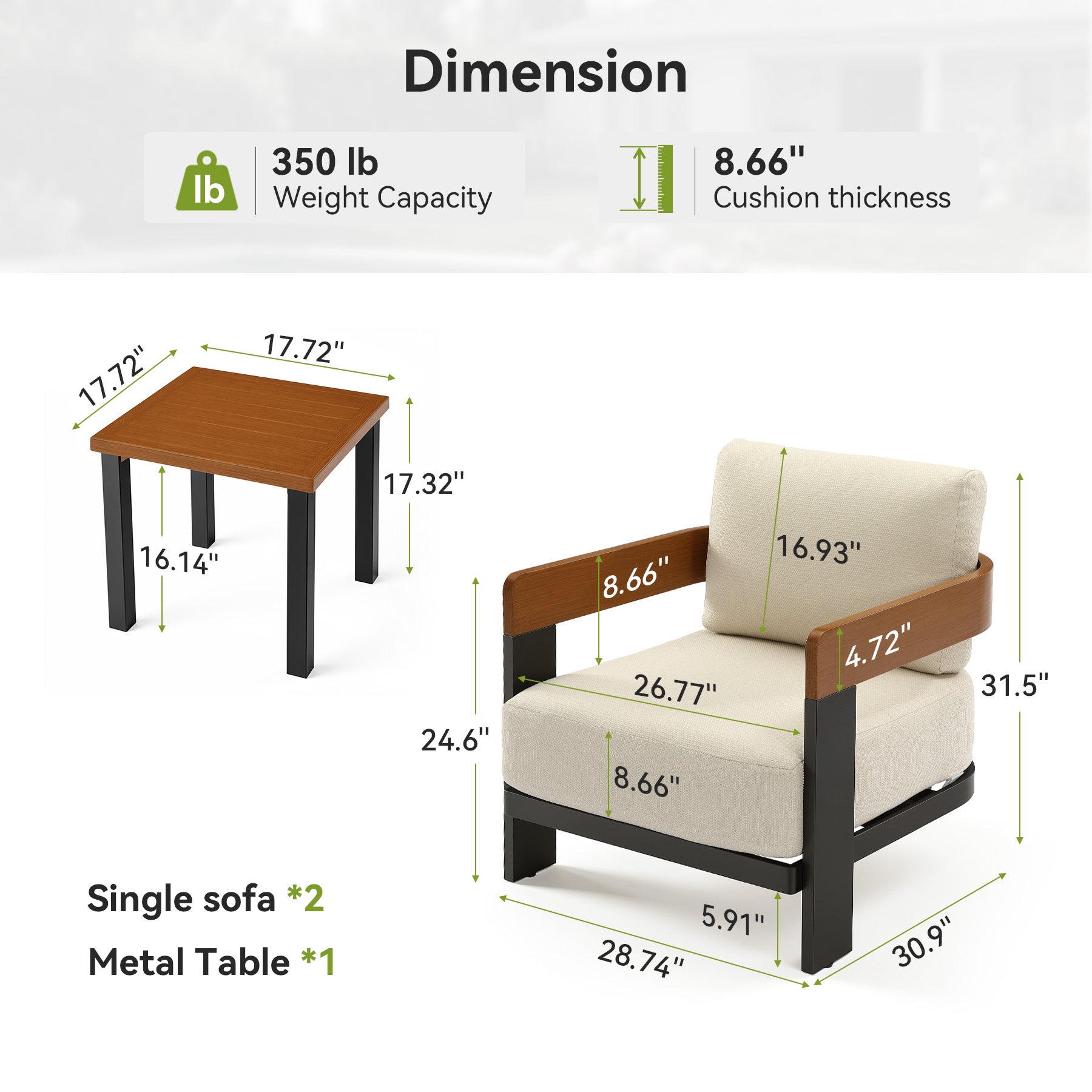 2-Person Patio Conversation Sets With Cushions, 3-Piece Outdoor Furniture Set