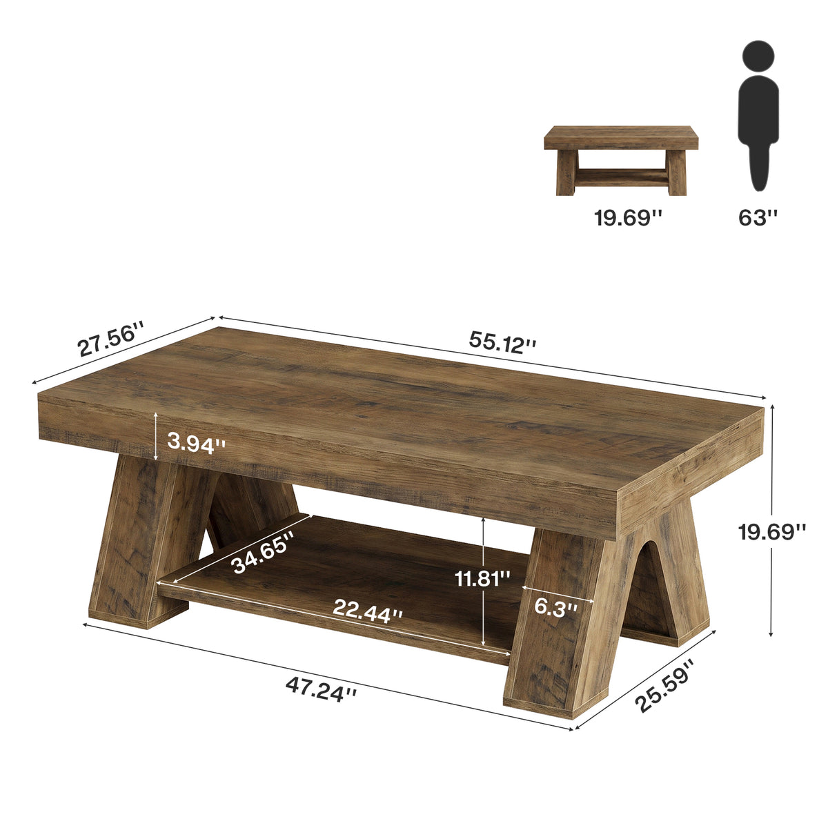 Tribesigns 55.1-Inch Farmhouse Coffee Table with Storage Shelf, Large Rectangle Center Table for Living Room
