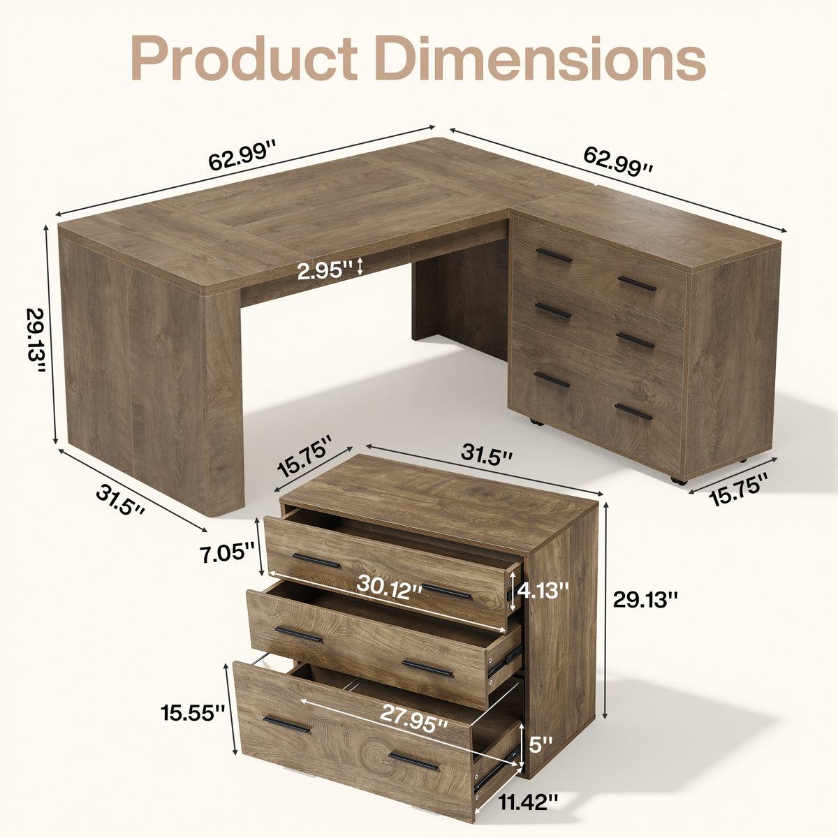 63" L-Shaped Executive Desk, Large Computer Desk with Mobile File Cabinet for Home Office