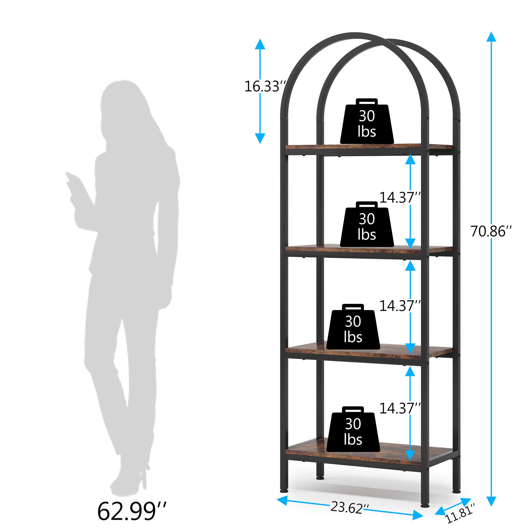 4-Tier / 5-Tier Bookshelf, Arched Bookcase Display Rack with Storage Shelves
