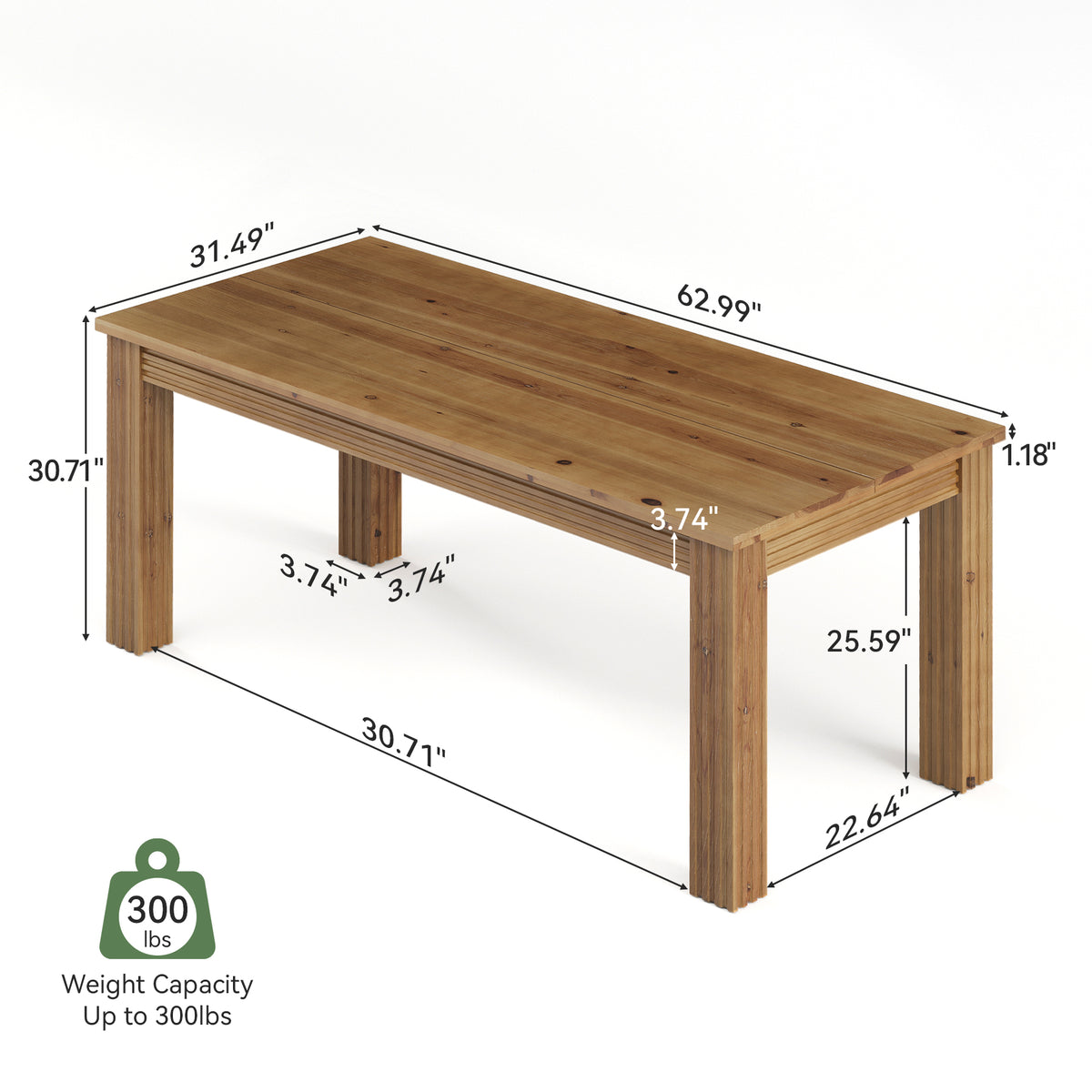 63" Solid Wood Executive Desk, Modern Computer Desk with Fluted Legs for Home Office