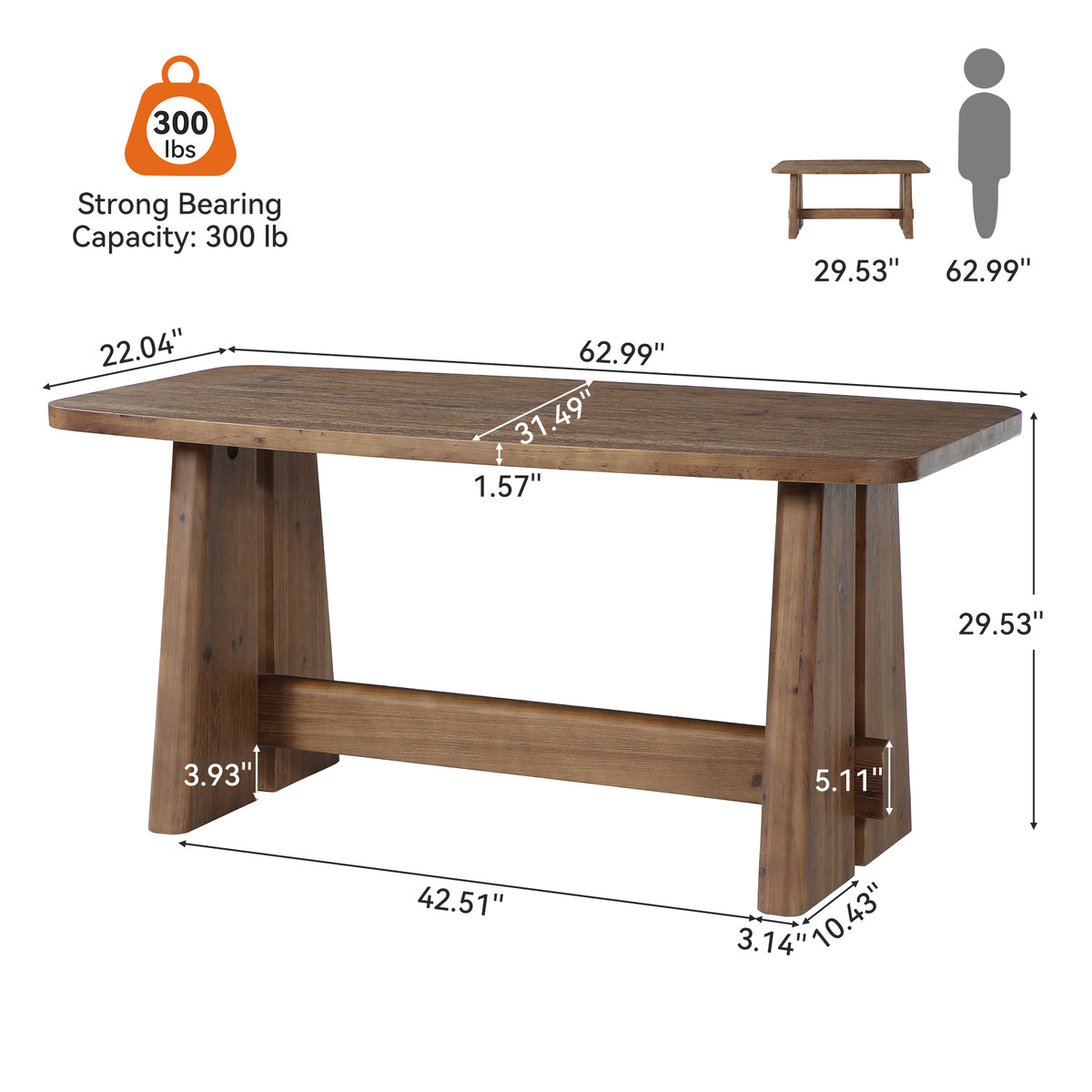 63" Farmhouse Solid Wood Executive Desk with Thick Tabletop, Home Office Desk