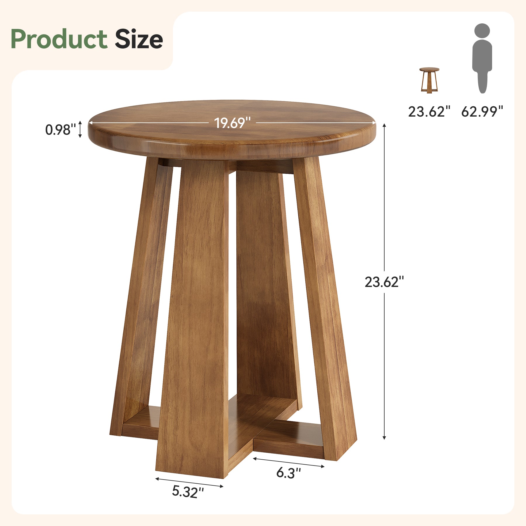 Modern Round End Table, Solid Wood Accent Side Table with Unique Geometric Legs