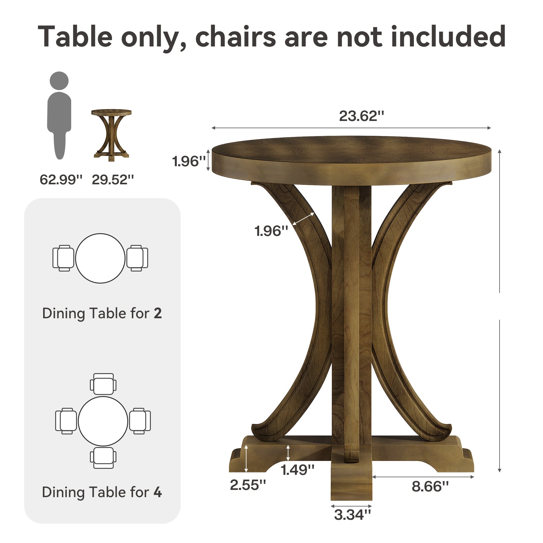 Round Dining Table for 2, 24" Bistro Kitchen Table with Solid Fir Legs