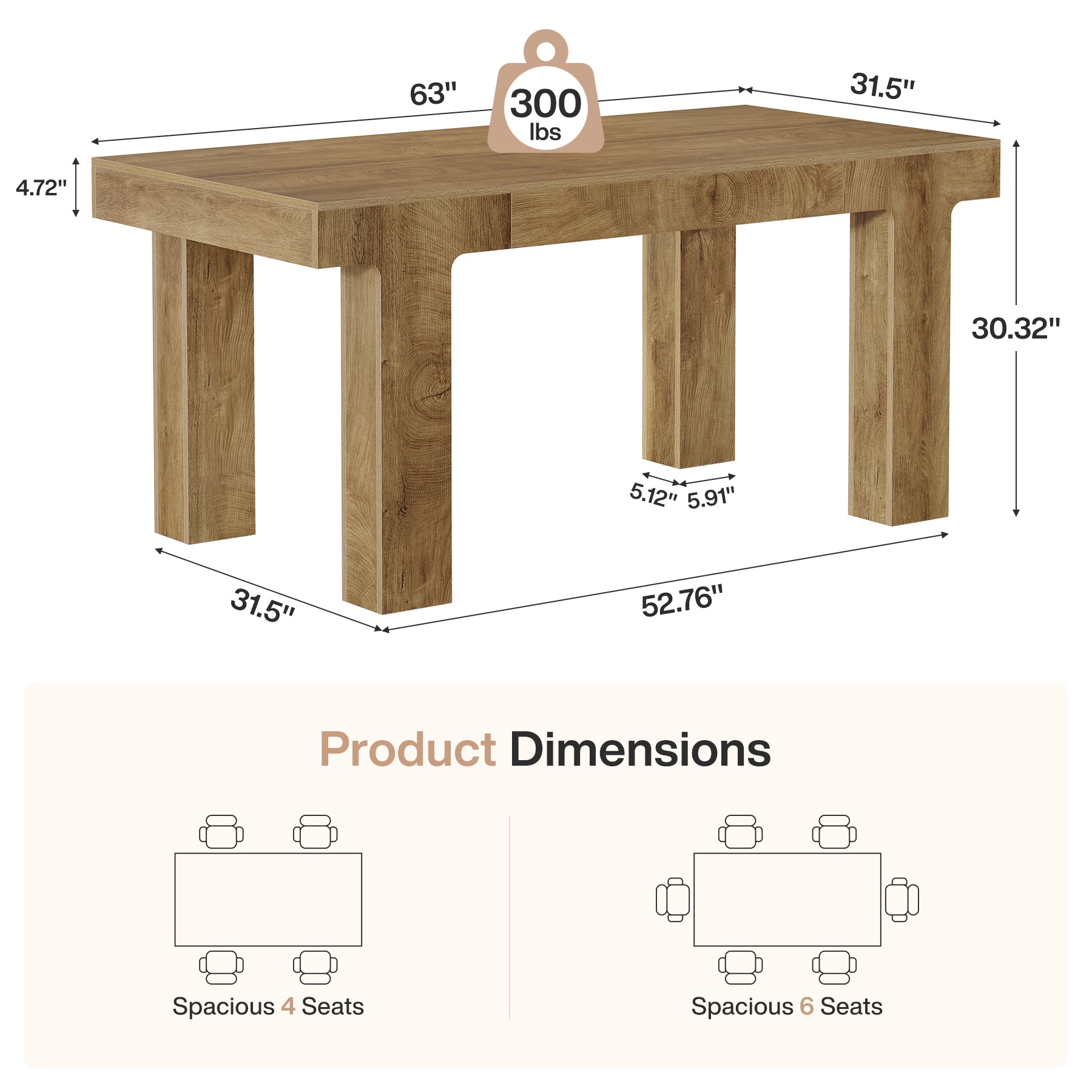 63" Dining Table for 4-6 People, Rectangular Kitchen Table with Smooth Curved Edge