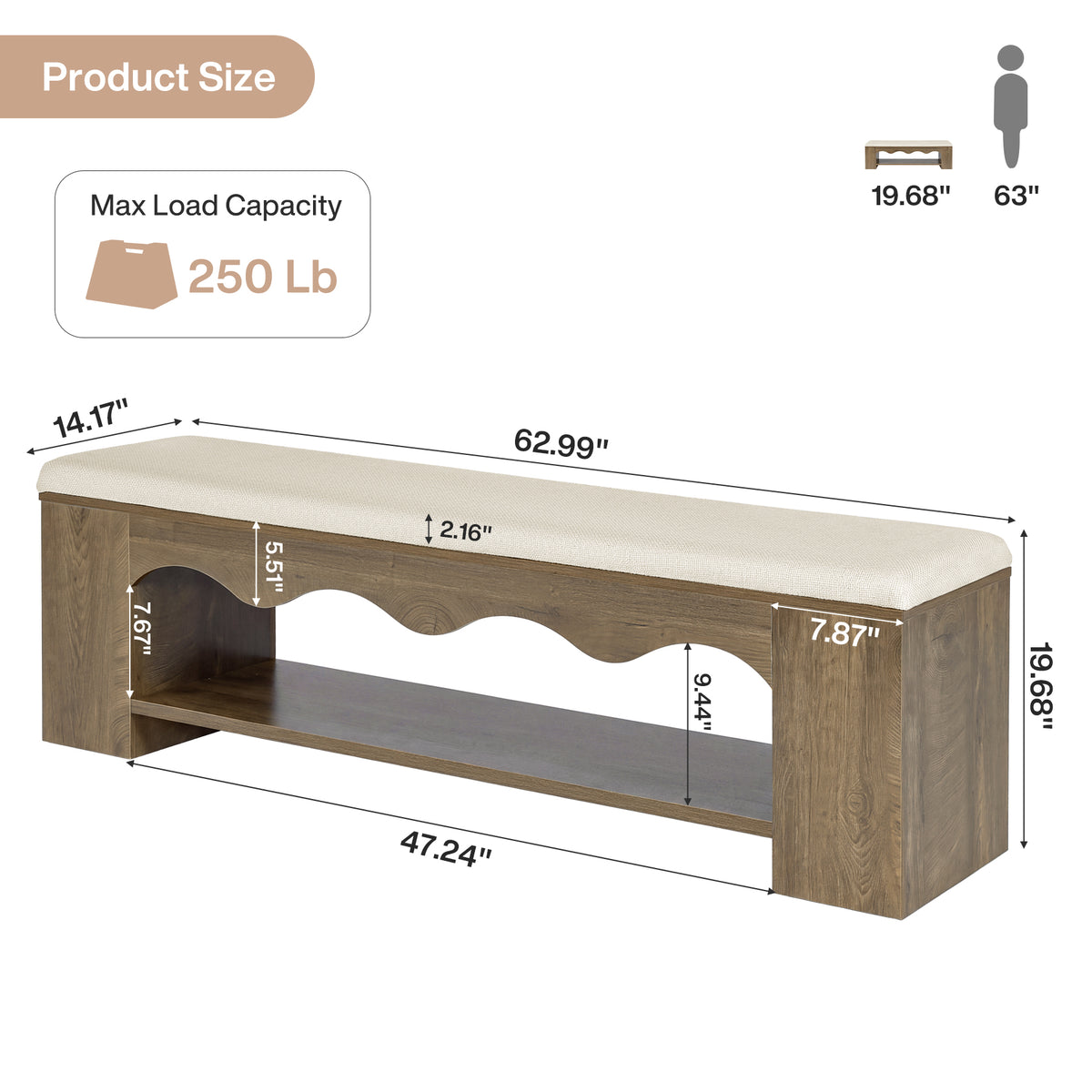 63" Upholstered Entryway Bench, 2-Tier Shoe Bench with Cushion & Open Storage Shelf