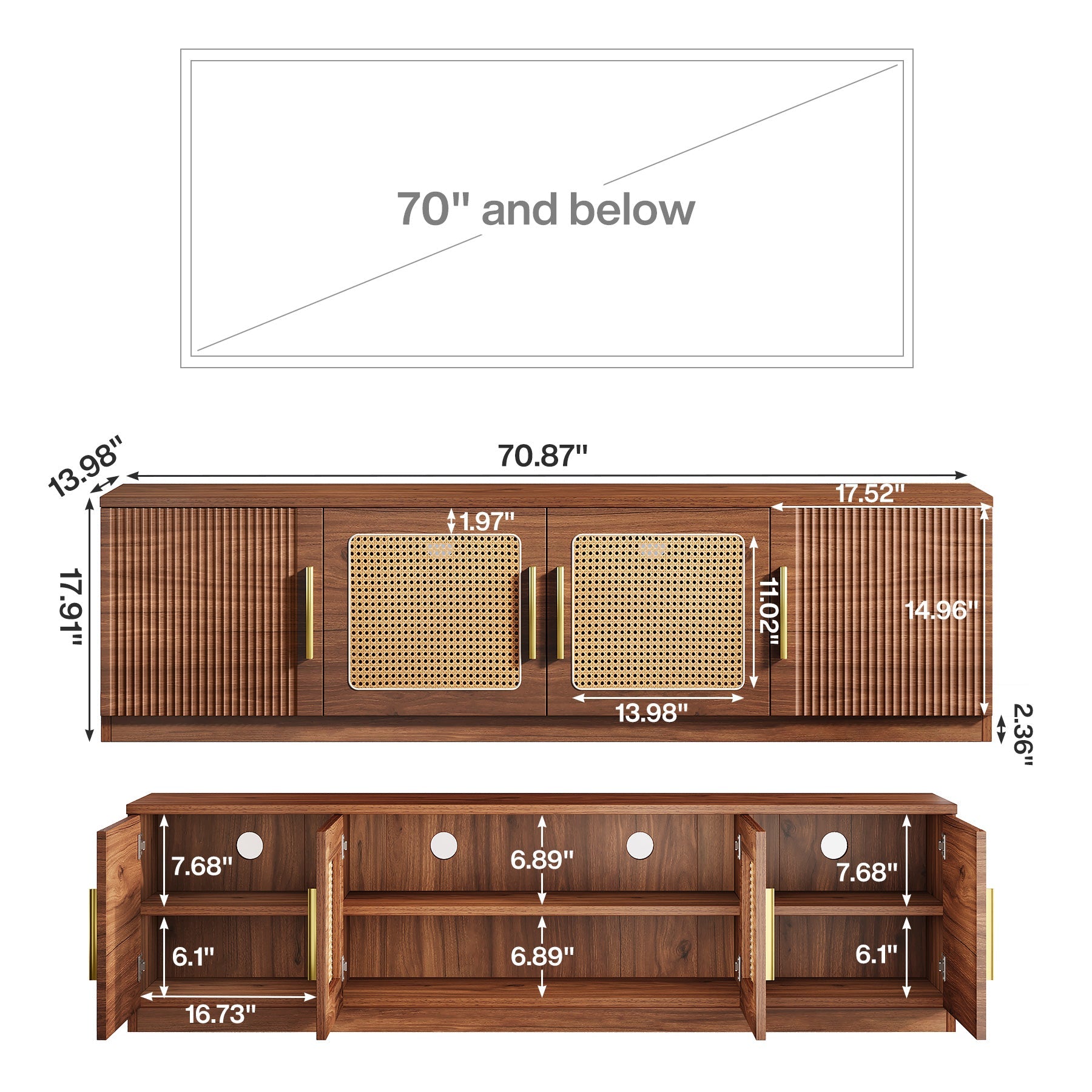 70.9" TV Stand, Mid Century Entertainment Center with 6-Tier Storage Shelf
