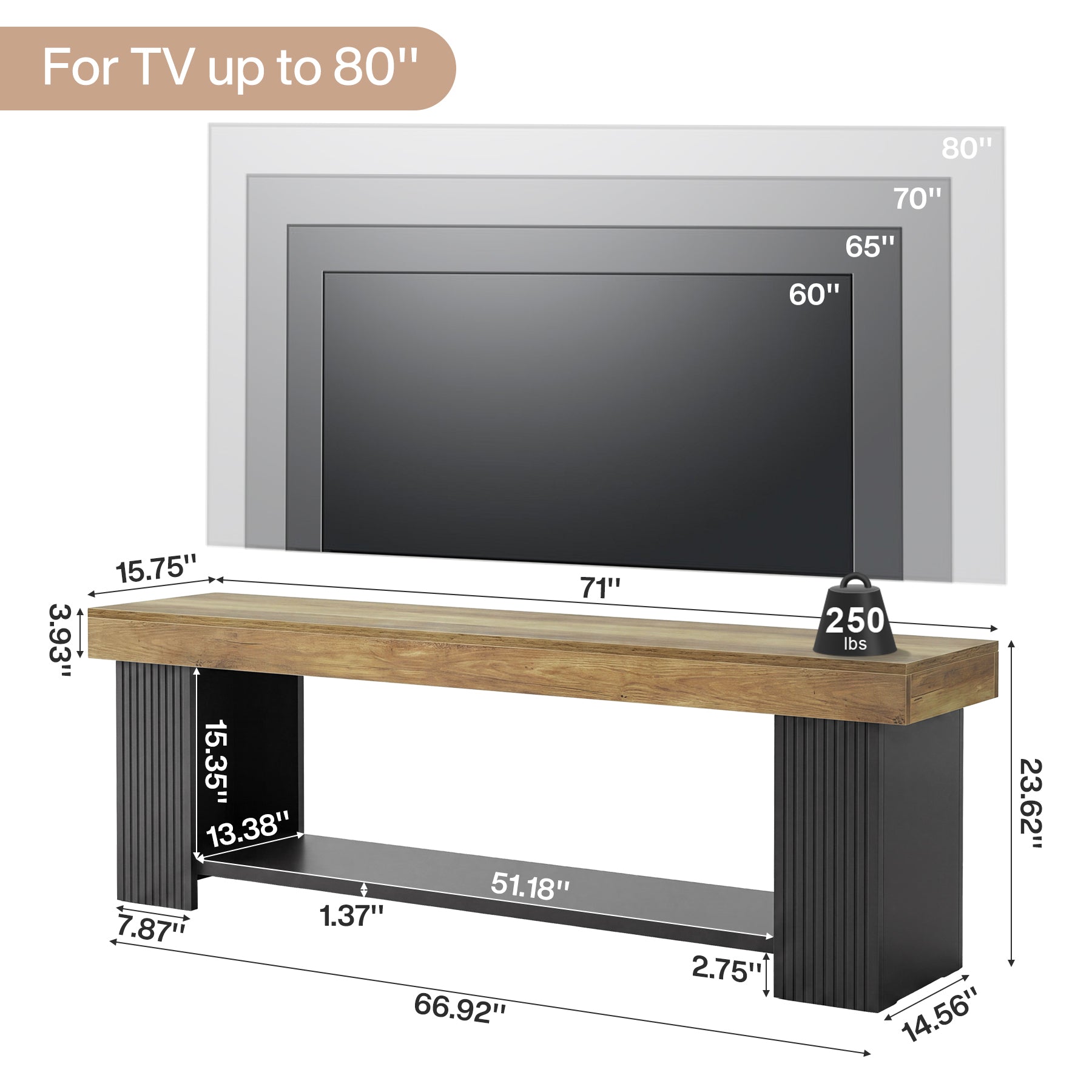 71" TV Stand for 70/75/80" TVs, Farmhouse Entertainment Center with Open Shelf