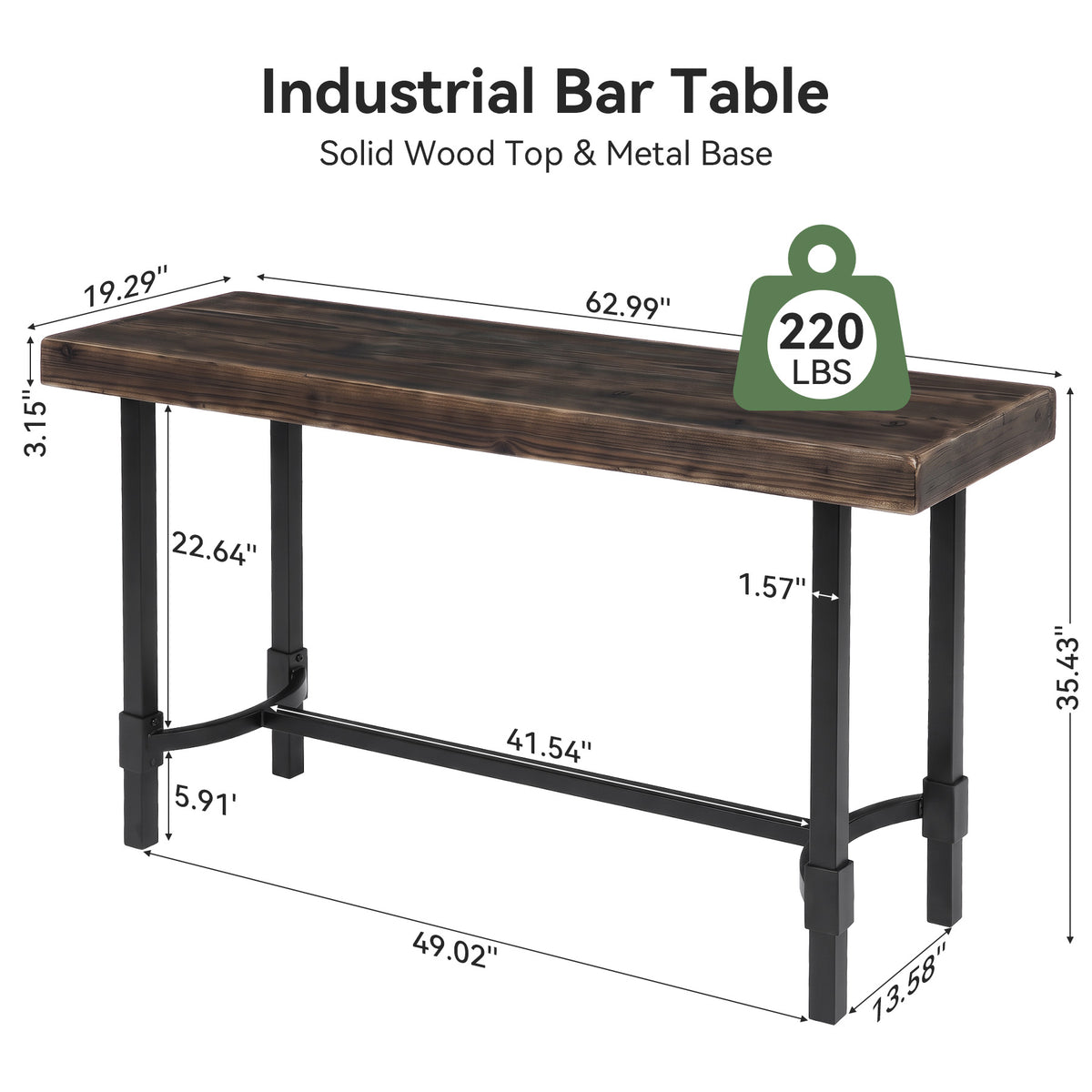 63" Industrial Bar Table, Narrow Counter Height Pub Table with Footrest