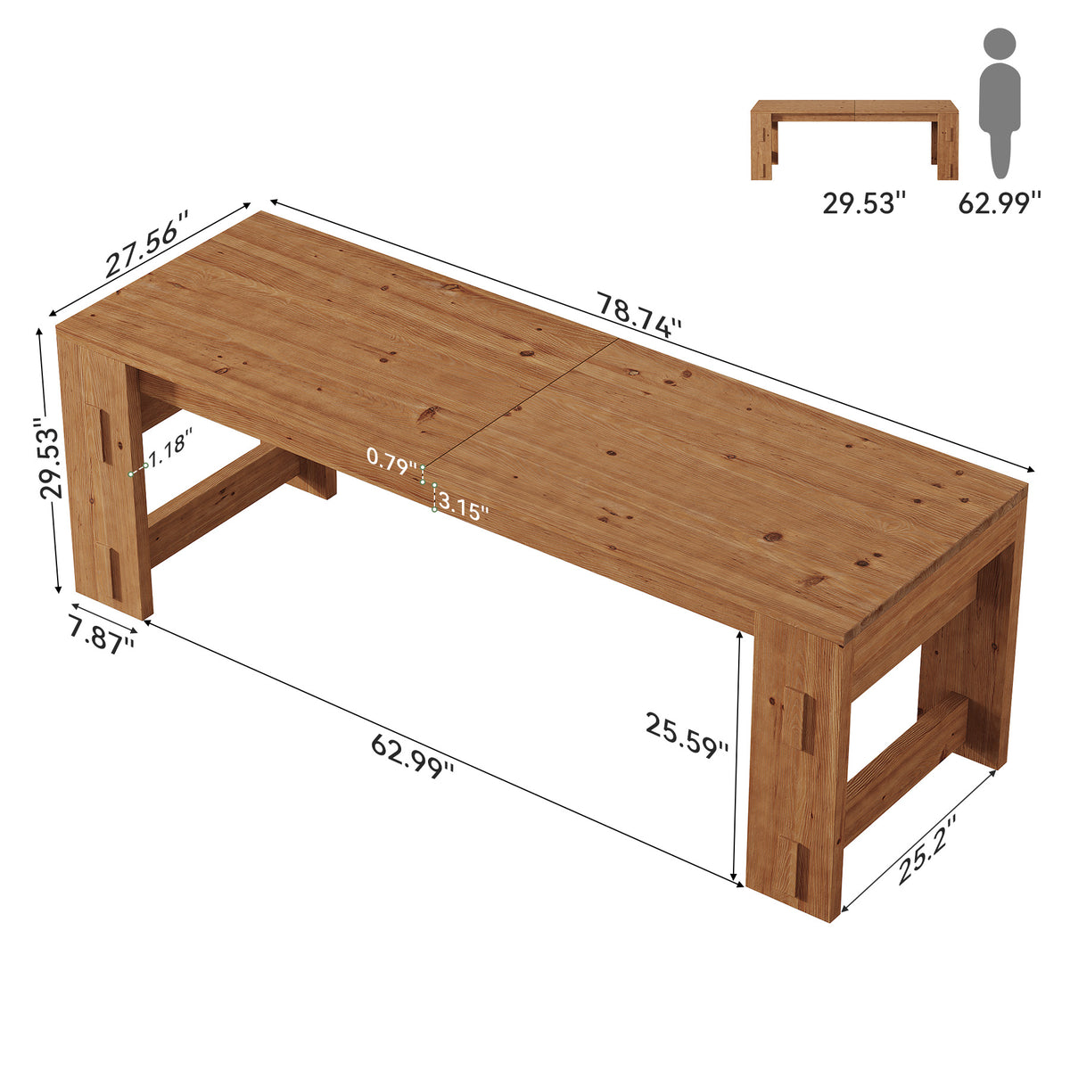 Solid Wood 2 Person Desk, 78.7" Office Computer Desk with Chunky Wood Legs
