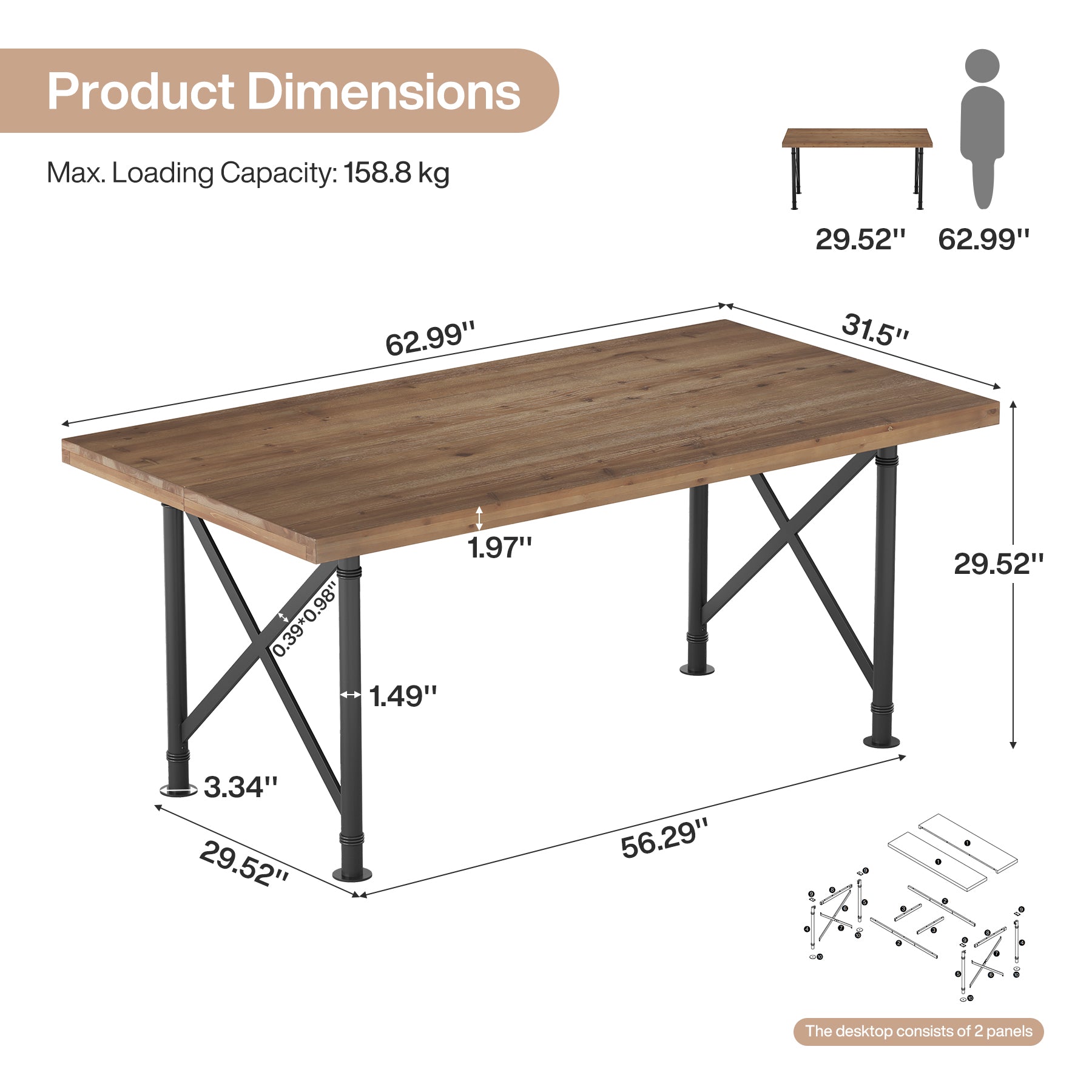 63" Rectangular Dining Table, Solid Wood Kitchen Table with Sturdy X-Shaped Legs for 4-6