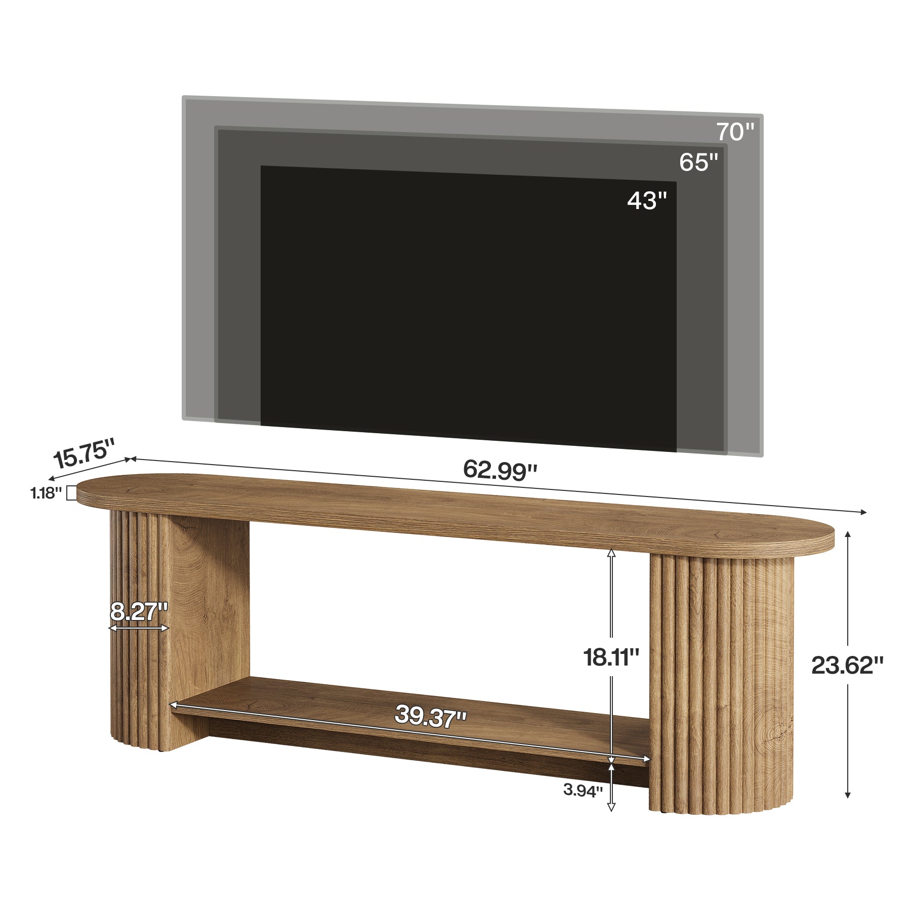 63” Fluted TV Stand, Farmhouse Entertainment Center with Storage Shelf