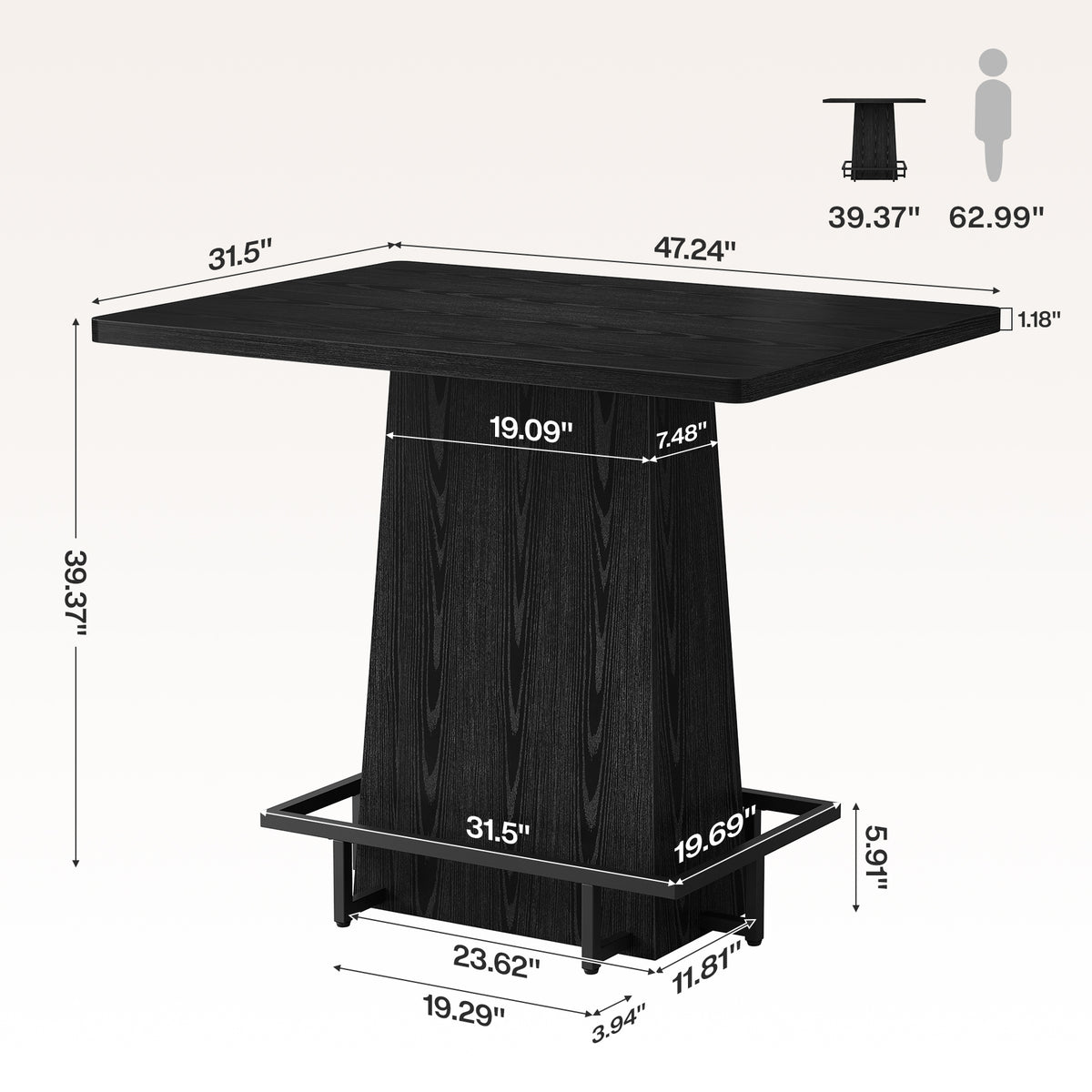 47 Inch Bar Table with Metal Footrest, Industrial Farmhouse Pub Table for Kitchen and Home Bar