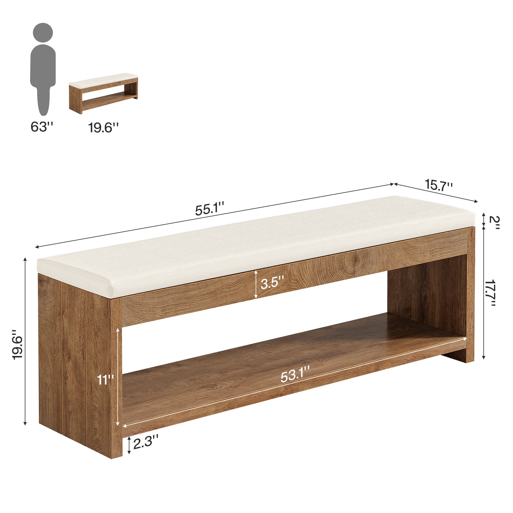Upholstered End of Bed Bench, 55" Wooden Storage Bench with Shoe Rack