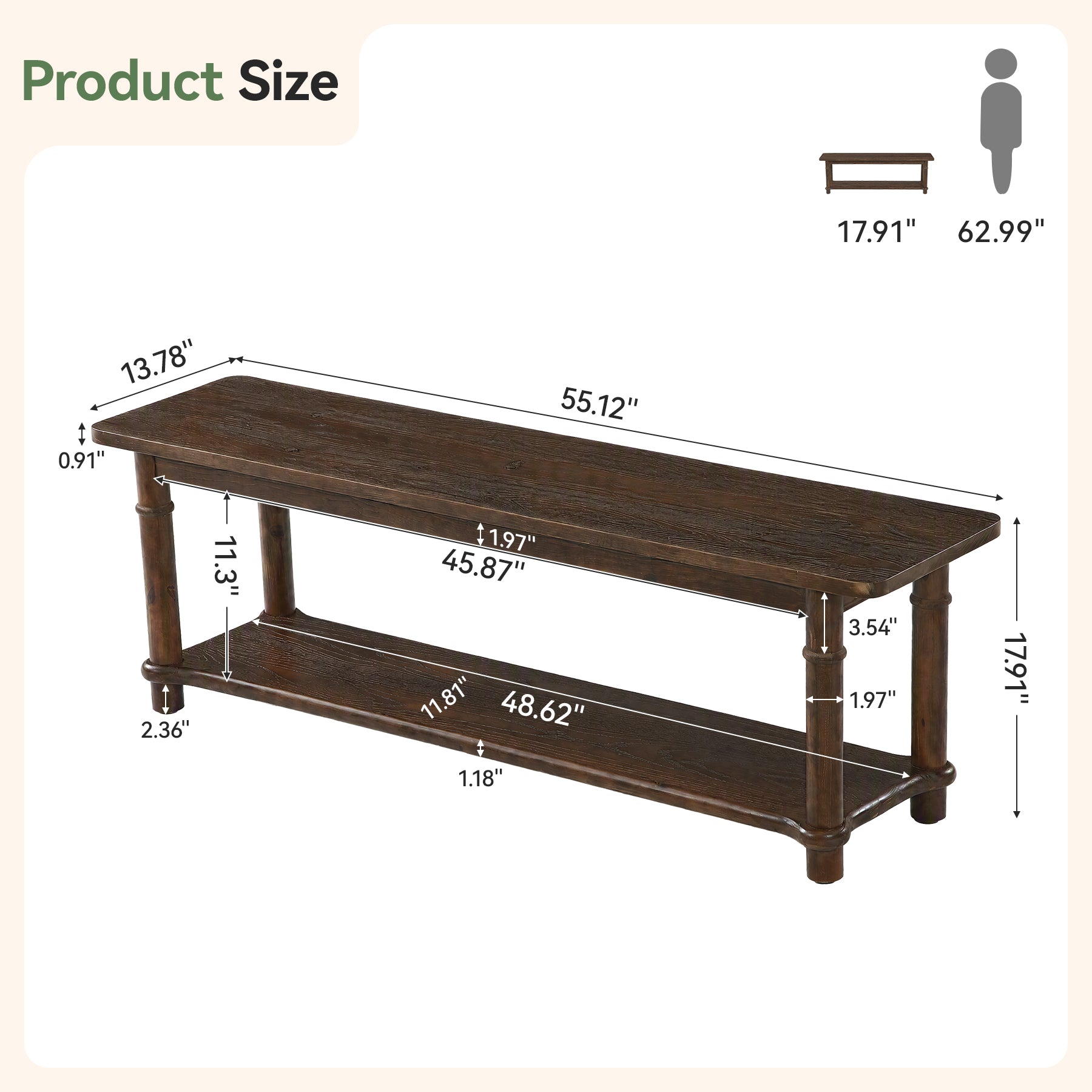 55" Farmhouse Dining Bench, Solid Wood 2-Tier, Kitchen Bench, Dining Room