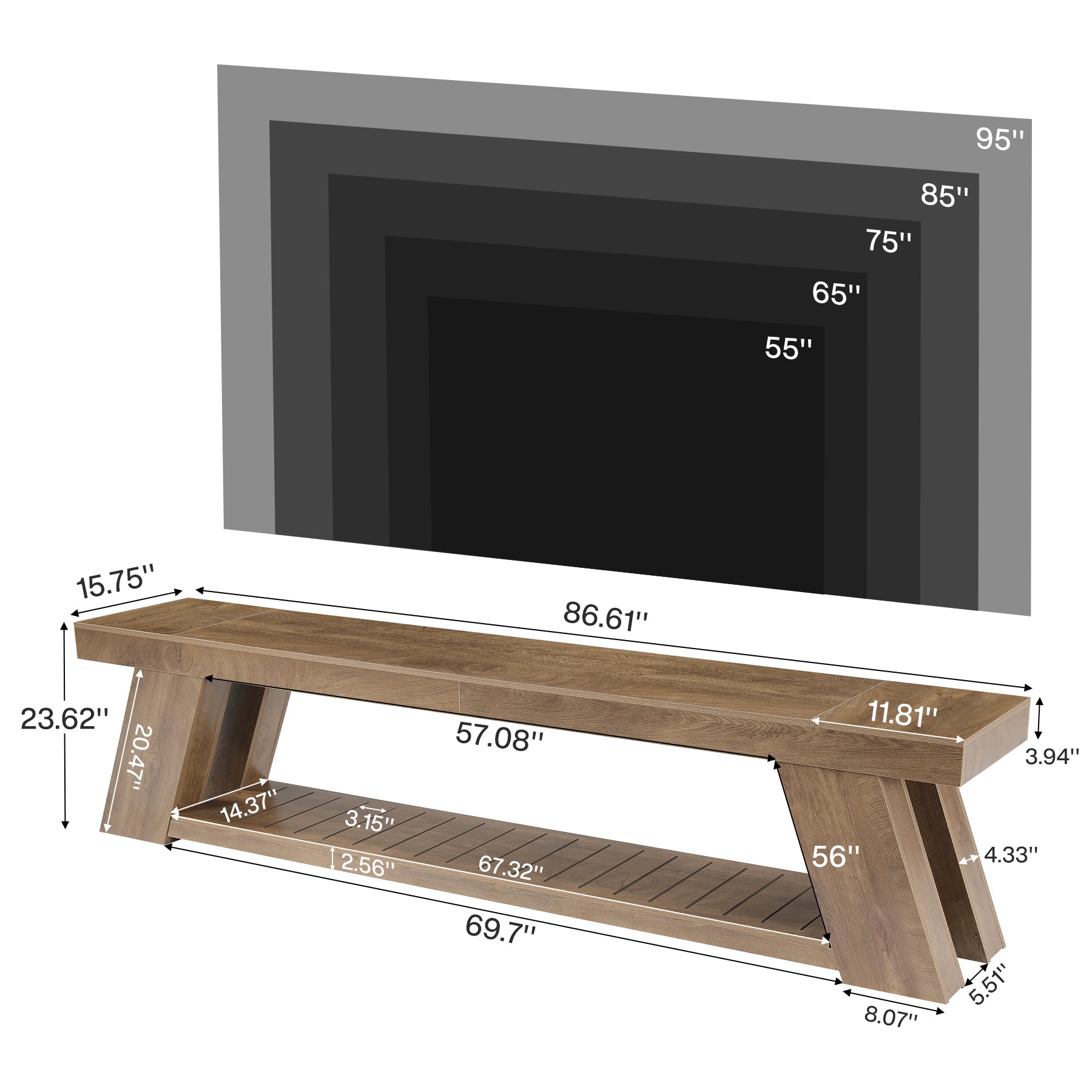 87" TV Stand for 85" TV, Farmhouse Entertainment Center, 2-Tier Storage, Extra Long Console