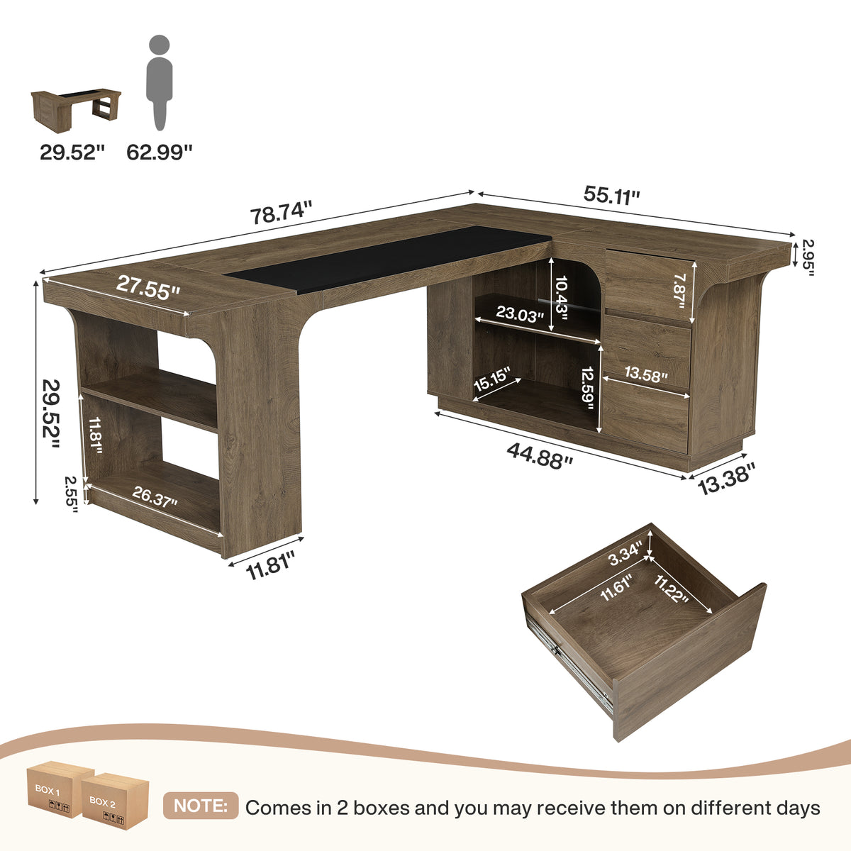78" L-Shaped Executive Desk, Farmhouse Wood with 3 Drawers & Dual-Side Open Shelves