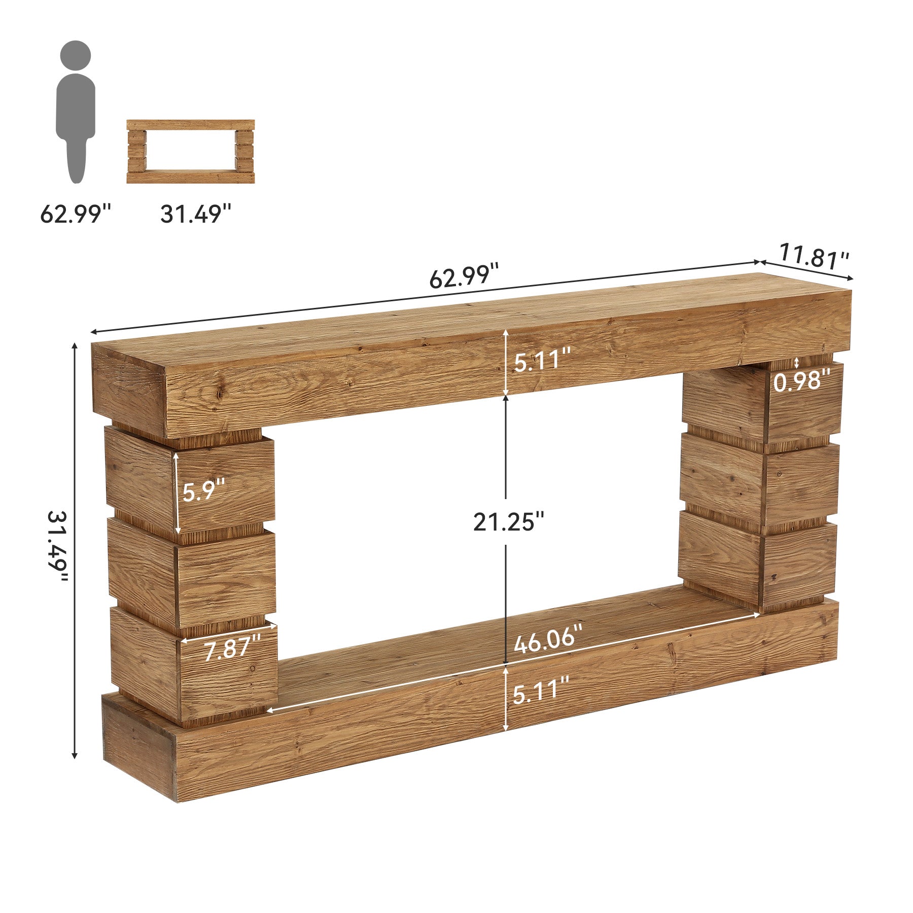 62.9" Solid Wood Console Table with Storage Shelf, Narrow Entryway Sofa Table for Hallway or Living Room