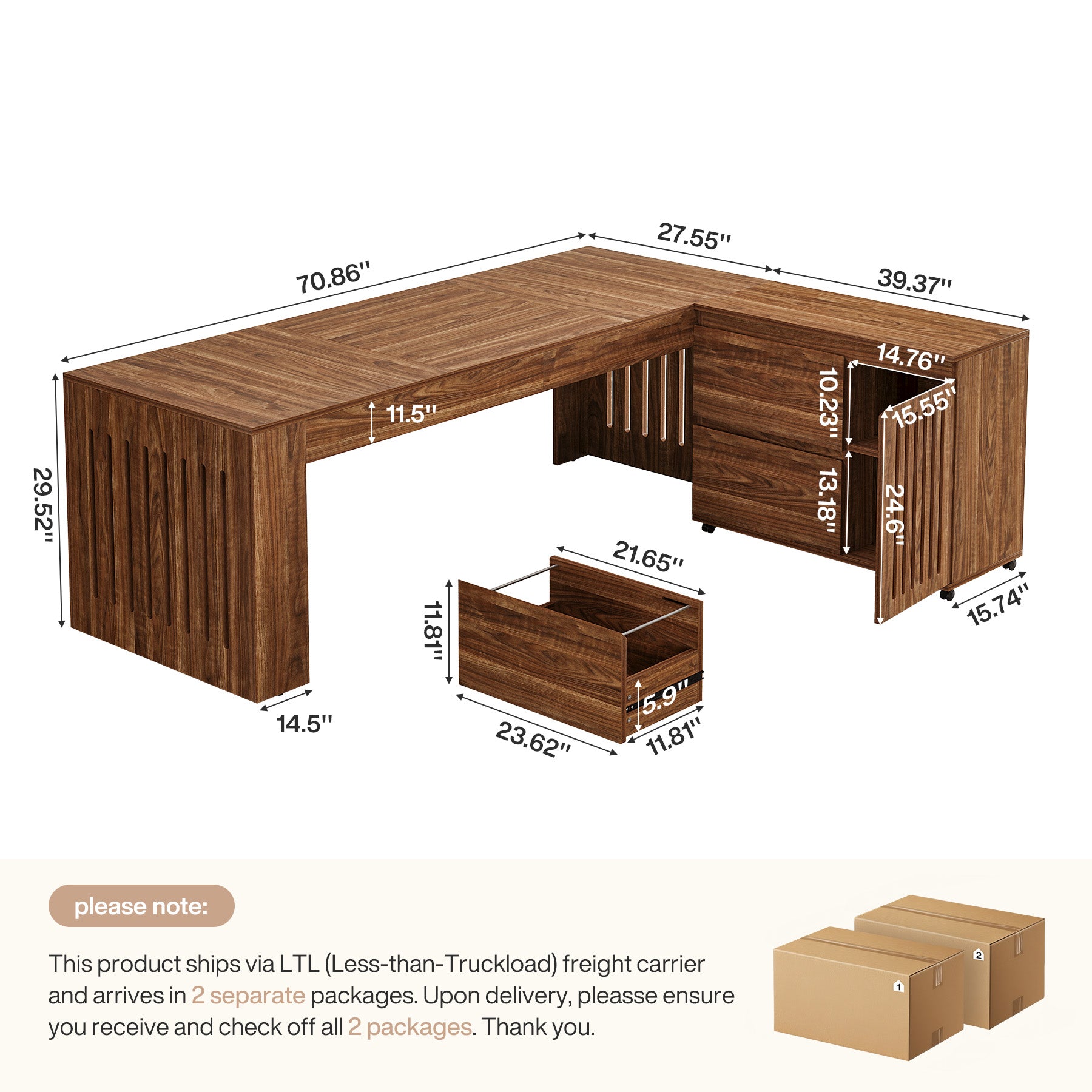 L-Shaped Executive Desk, 70.86" Computer Office Desk with 39.37" Mobile File Cabinet