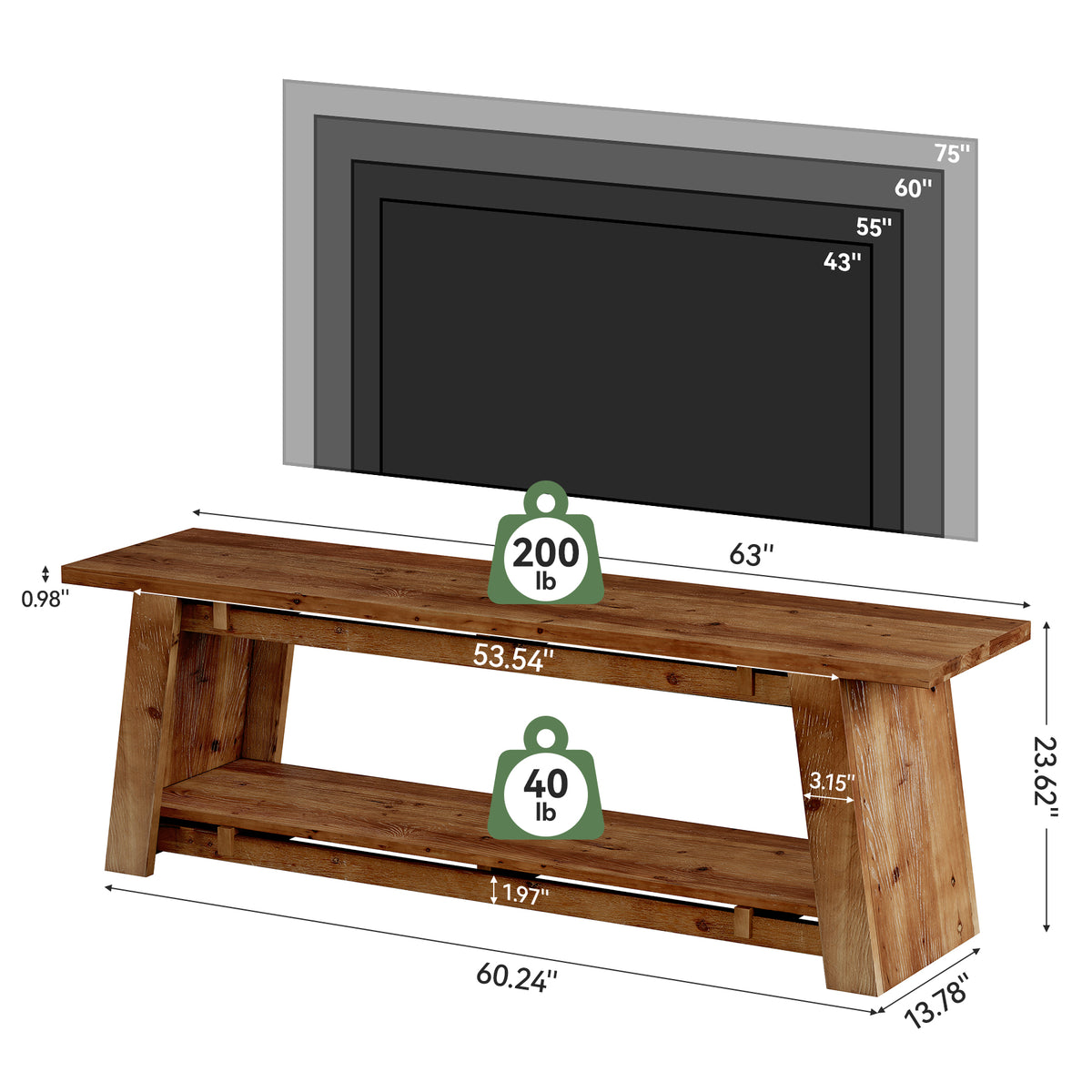 Tribesigns 63" Solid Wood TV Stand with 2-Tier Storage, Farmhouse Media Console for 70" TVs