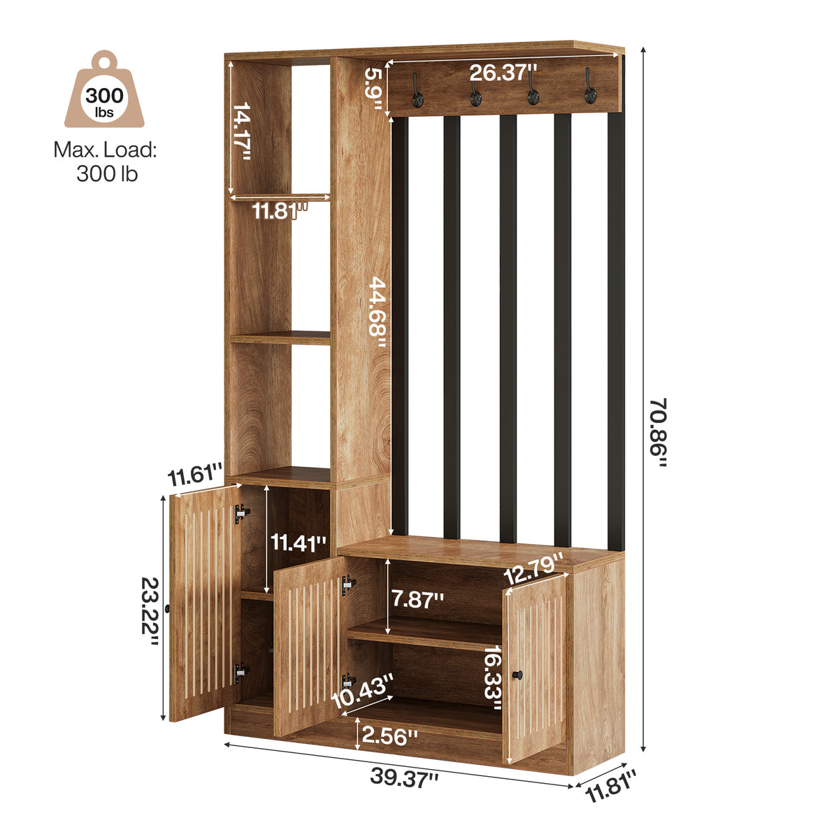 71" Mudroom Hall Tree with Shoe Storage Bench, Coat Hooks & Closed Cabinets