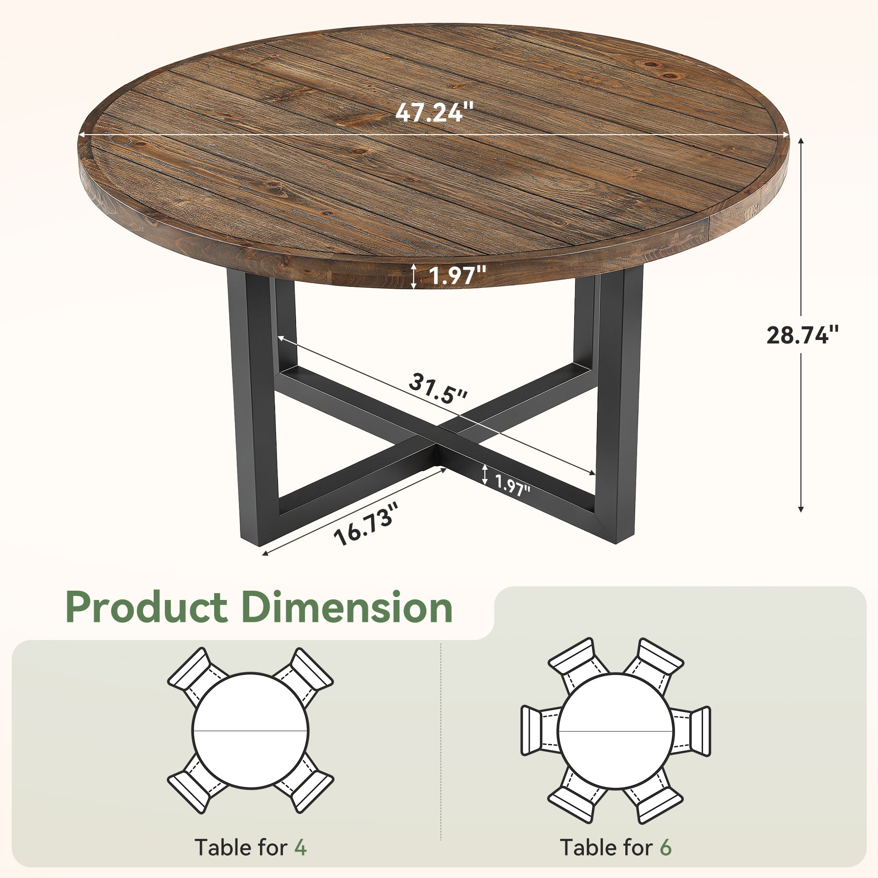 47" Round Dining Table, Solid Wood Kitchen Table with Metal Cross Base for 4-6
