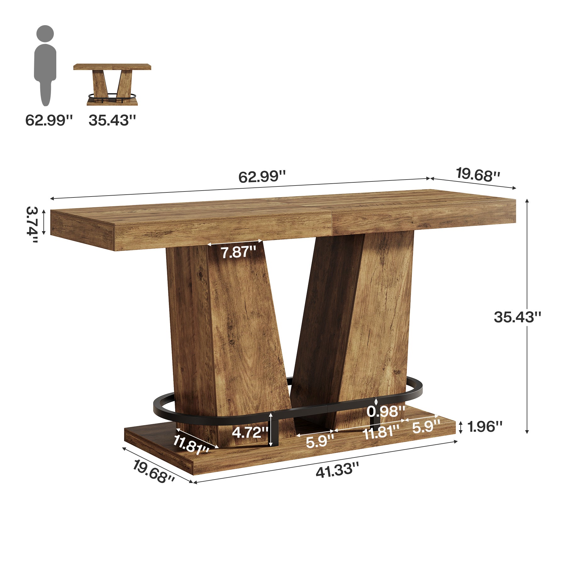 62.99" Bar Table for 4-6, Rectangle Counter Height Pub Table with Metal Footrest