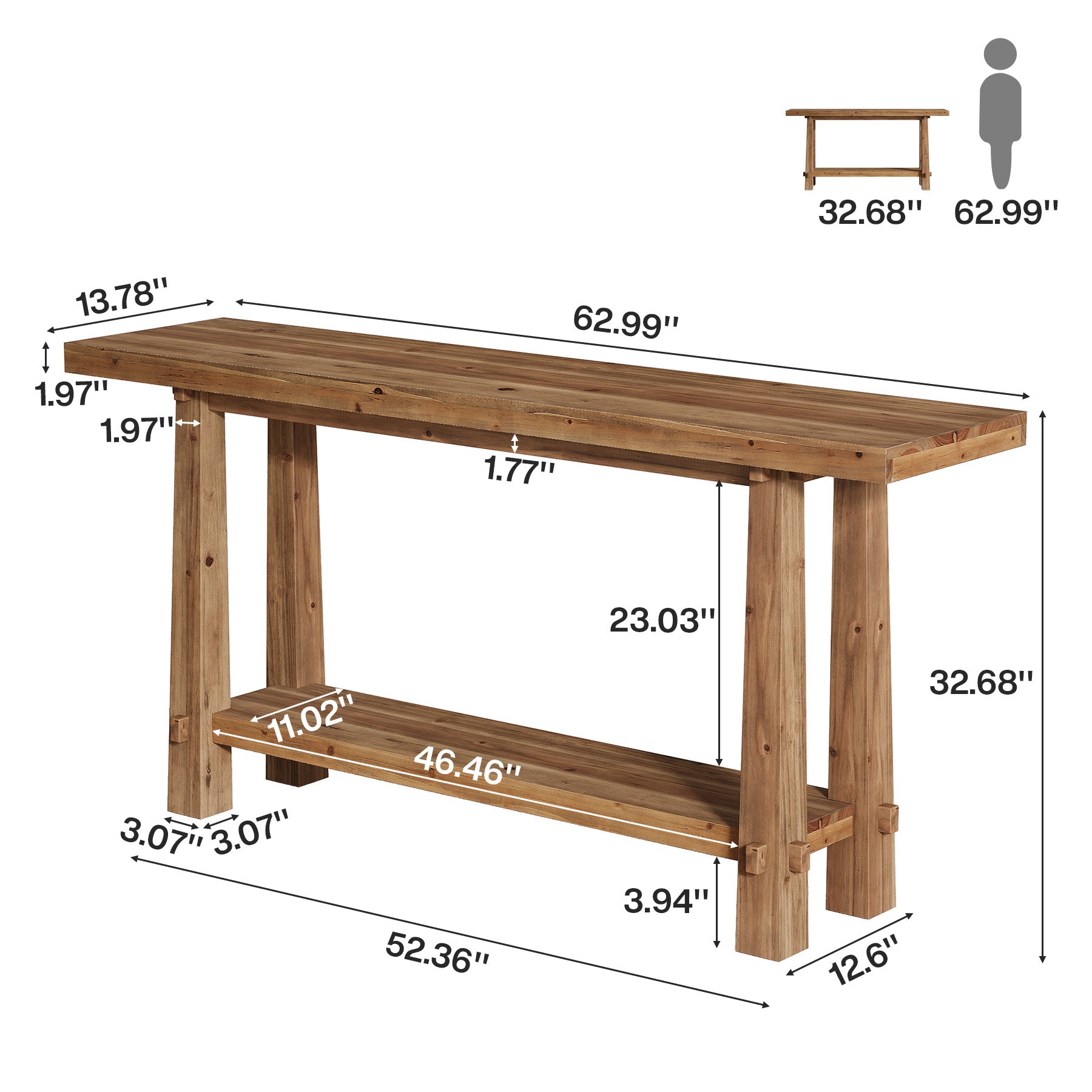 63" Solid Wood Console Table with Shelf, Farmhouse Narrow Entryway & Sofa Table for Hallway or Behind Couch