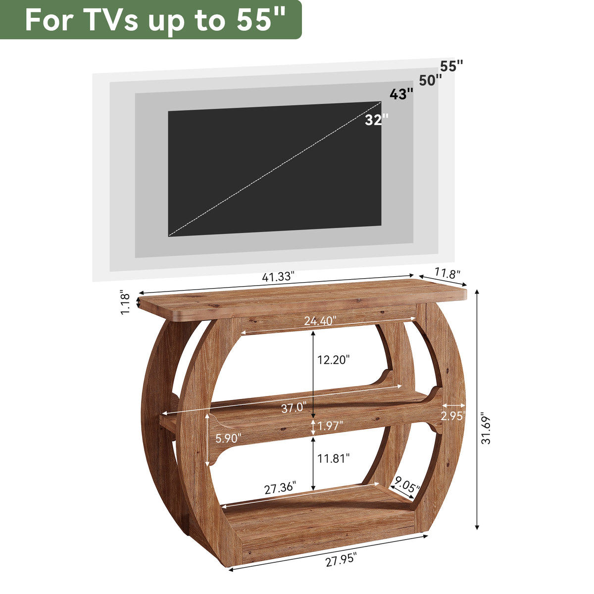 41" Farmhouse TV Stand for 55" TV, 3-Tier Solid Wood Small Entertainment Center, TV Console