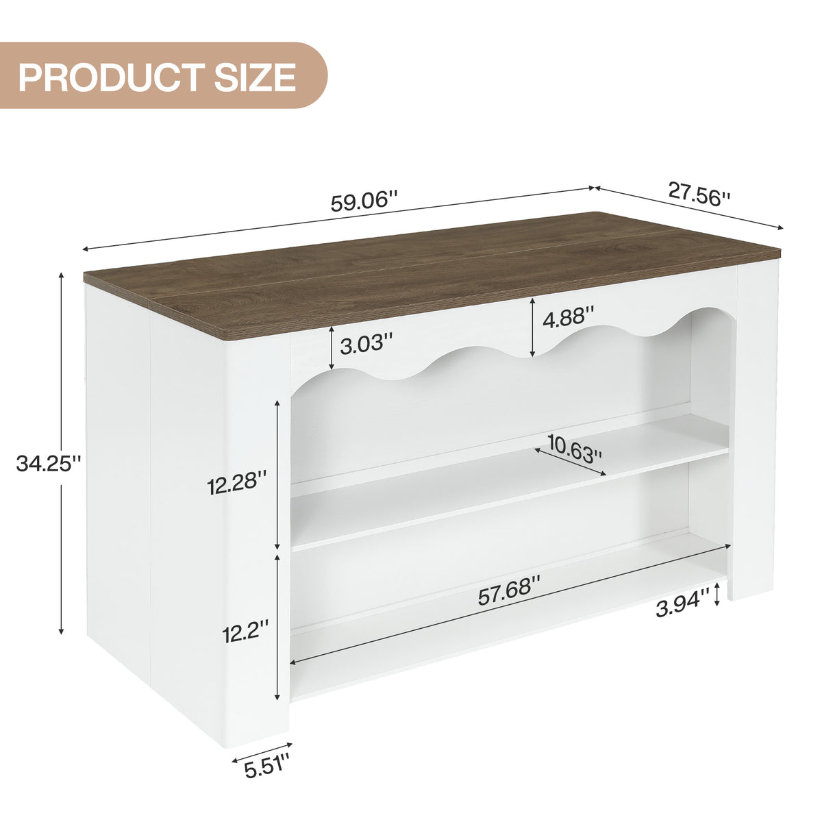 59" Modern Kitchen Island with Storage & Seating Space, 3-Tier Stationary Island Table