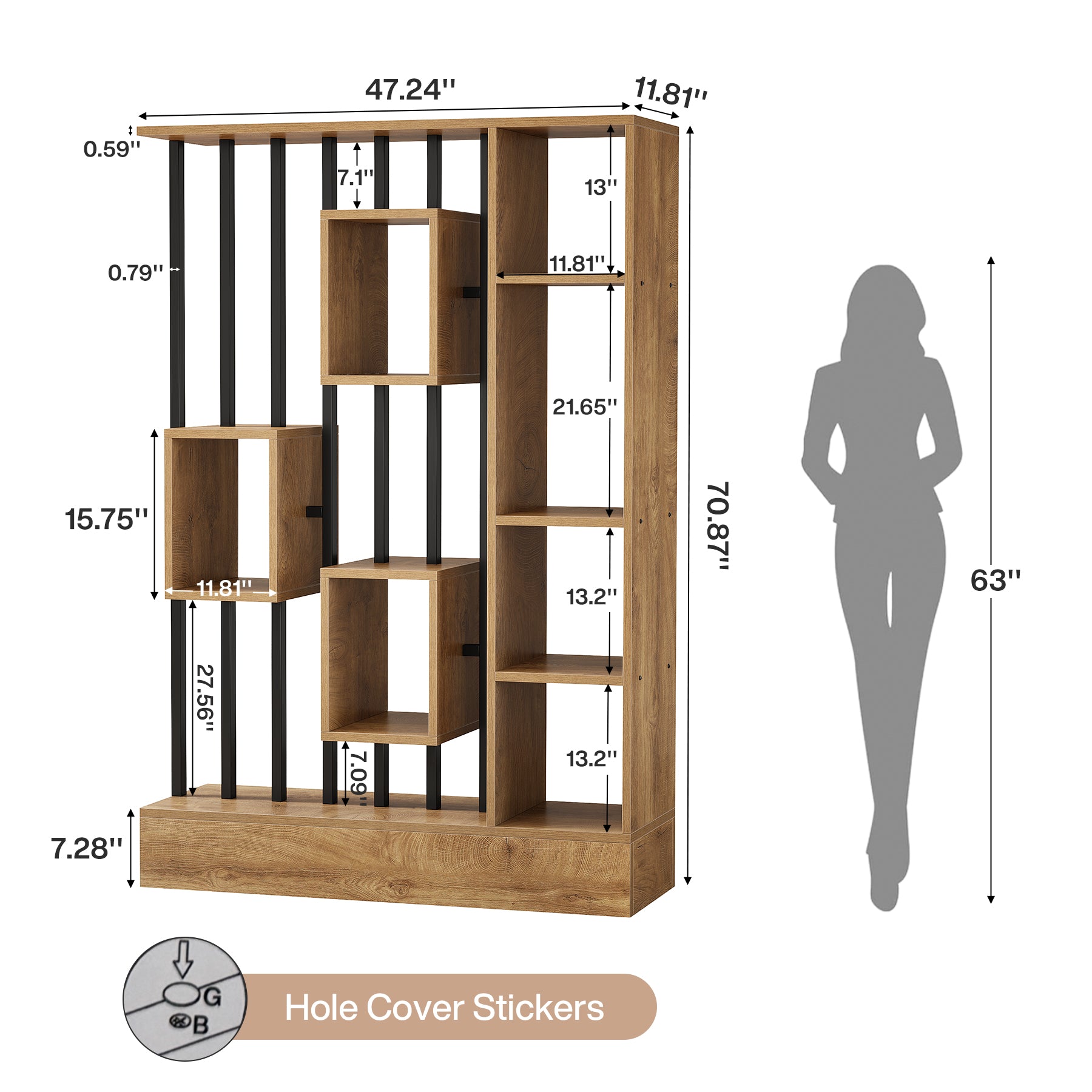 71" Room Divider with Shelves & Coat Hooks, Freestanding Wall Partition, Bedroom Living Room