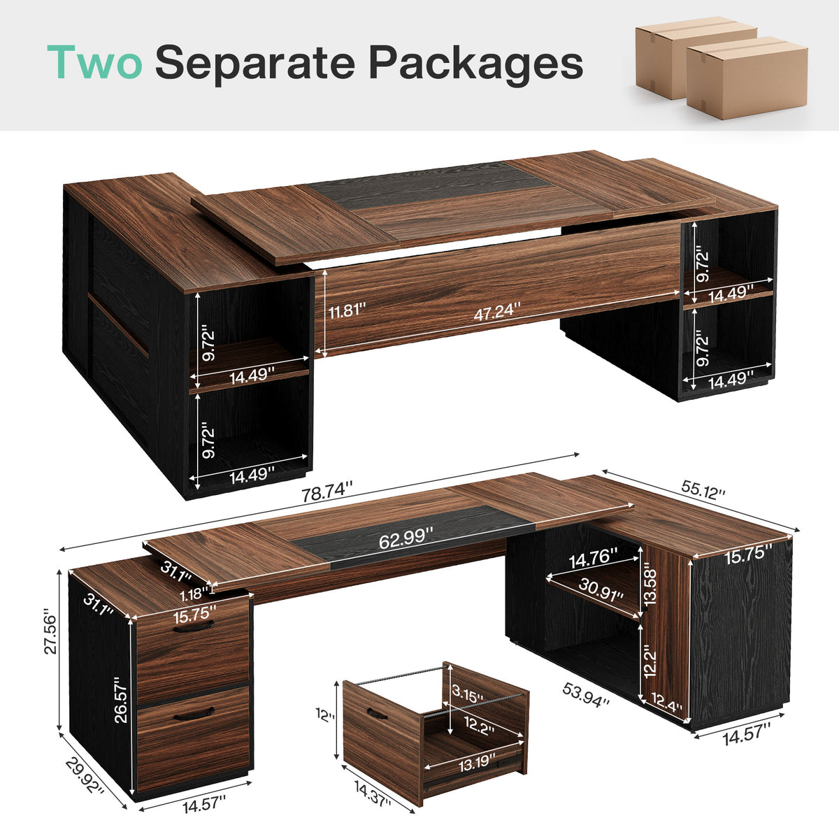 78.7" L-Shaped Executive Desk, Large Office Computer Desk with Drawer & 55" Cabinet