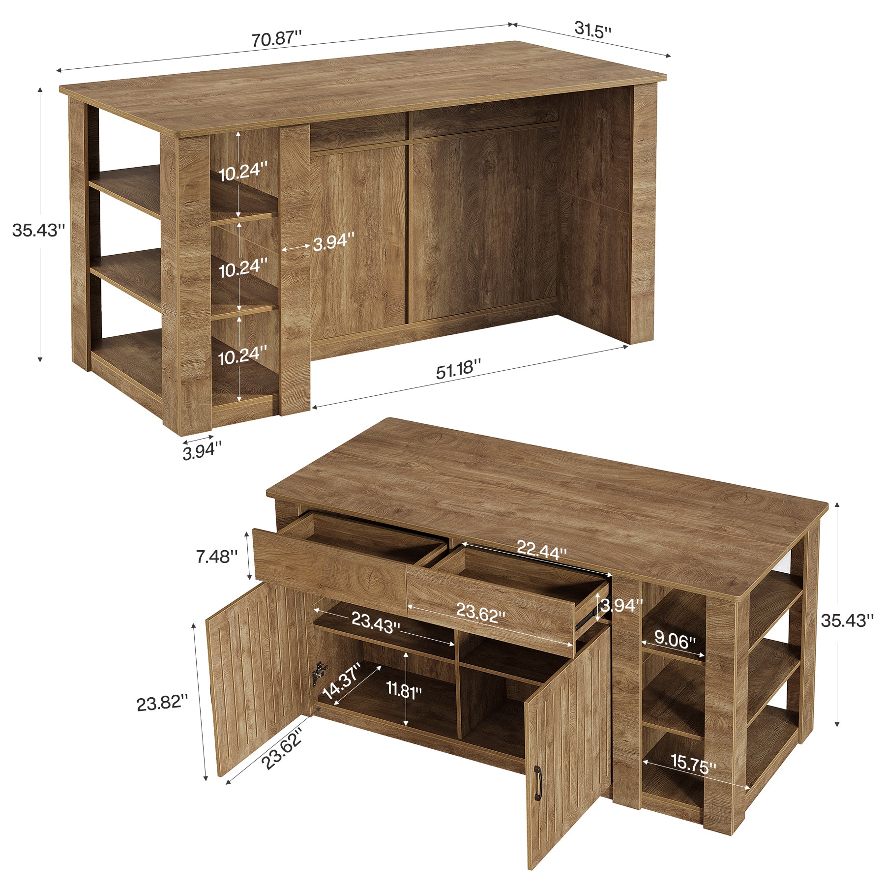 71" Large Kitchen Island with Storage & Seating, Farmhouse Island Table, Prep & Coffee Bar