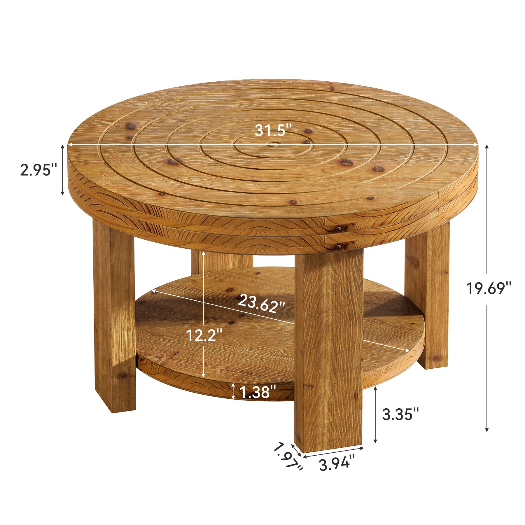 Round Solid Wood Coffee Table, 31.5" Center Table with 2-Tier Storage