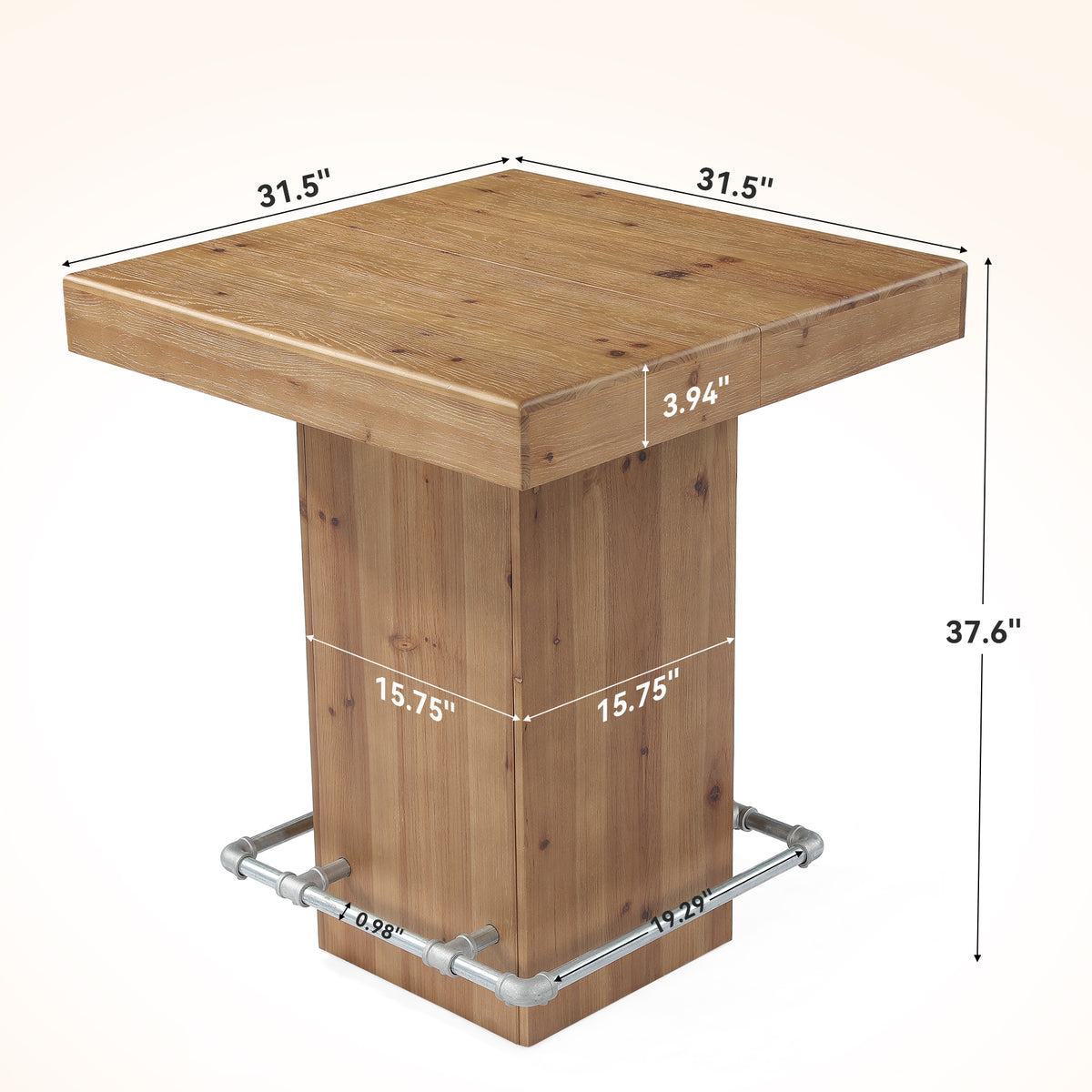 31.5" Square Solid Wood Bar Table, Industrial Counter Height Table with Metal Footrest