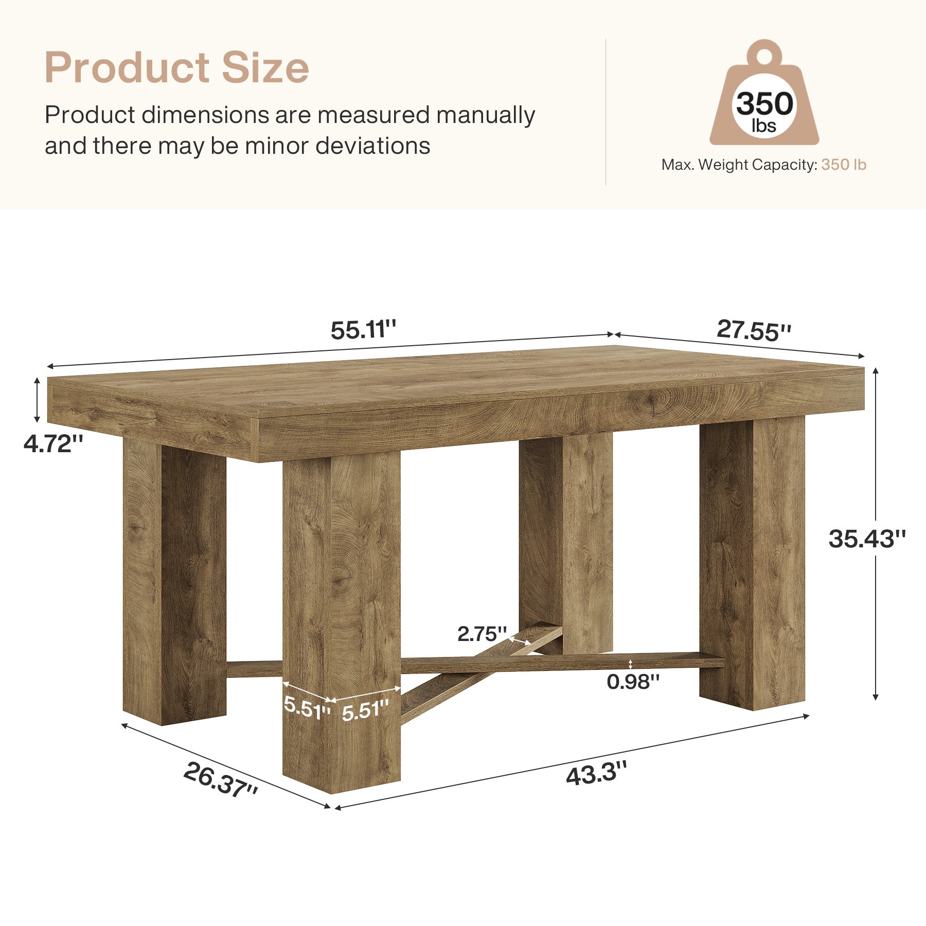 55 Inch Farmhouse Bar Table Counter Height, Rectangular Wooden Pub Table