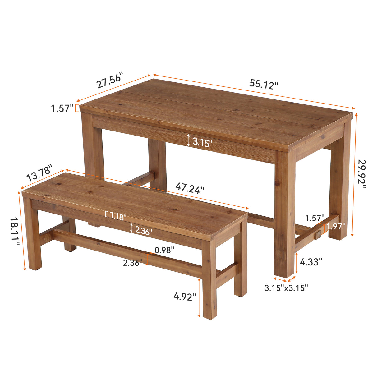 55" Solid Wood Dining Table Set with 2 Benches, 3-Piece Kitchen Table Set for 4-6