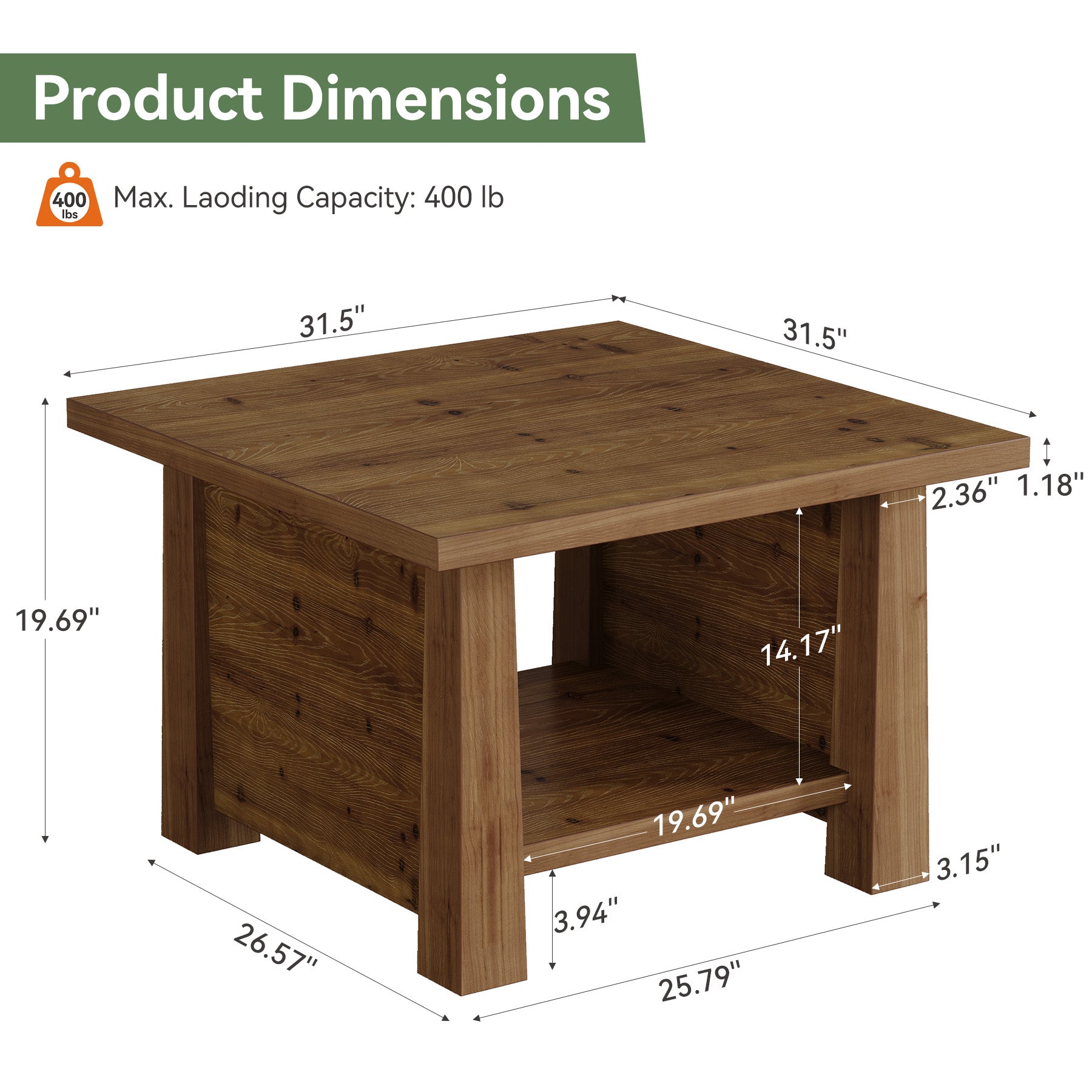 31.5" Solid Wood Coffee Table, Farmhouse 2-Tier Wooden Square Center Table