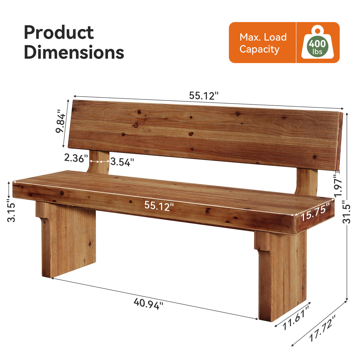 55" Solid Wood Dining Bench with Backrest, Kitchen Bench for Breakfast Nook