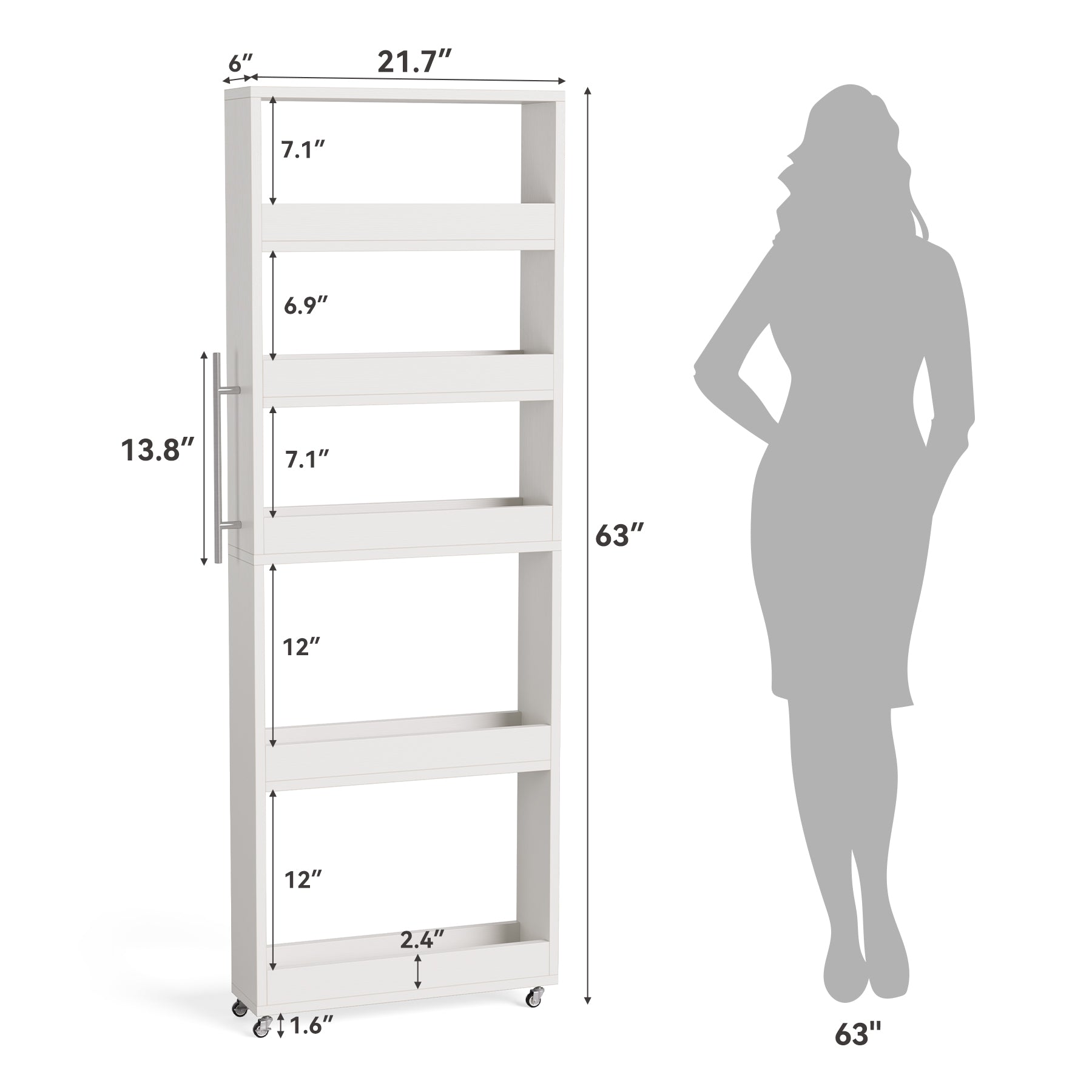 63" Utility Cart on Wheels, 5-Tier Narrow Mobile Shelf Organizer