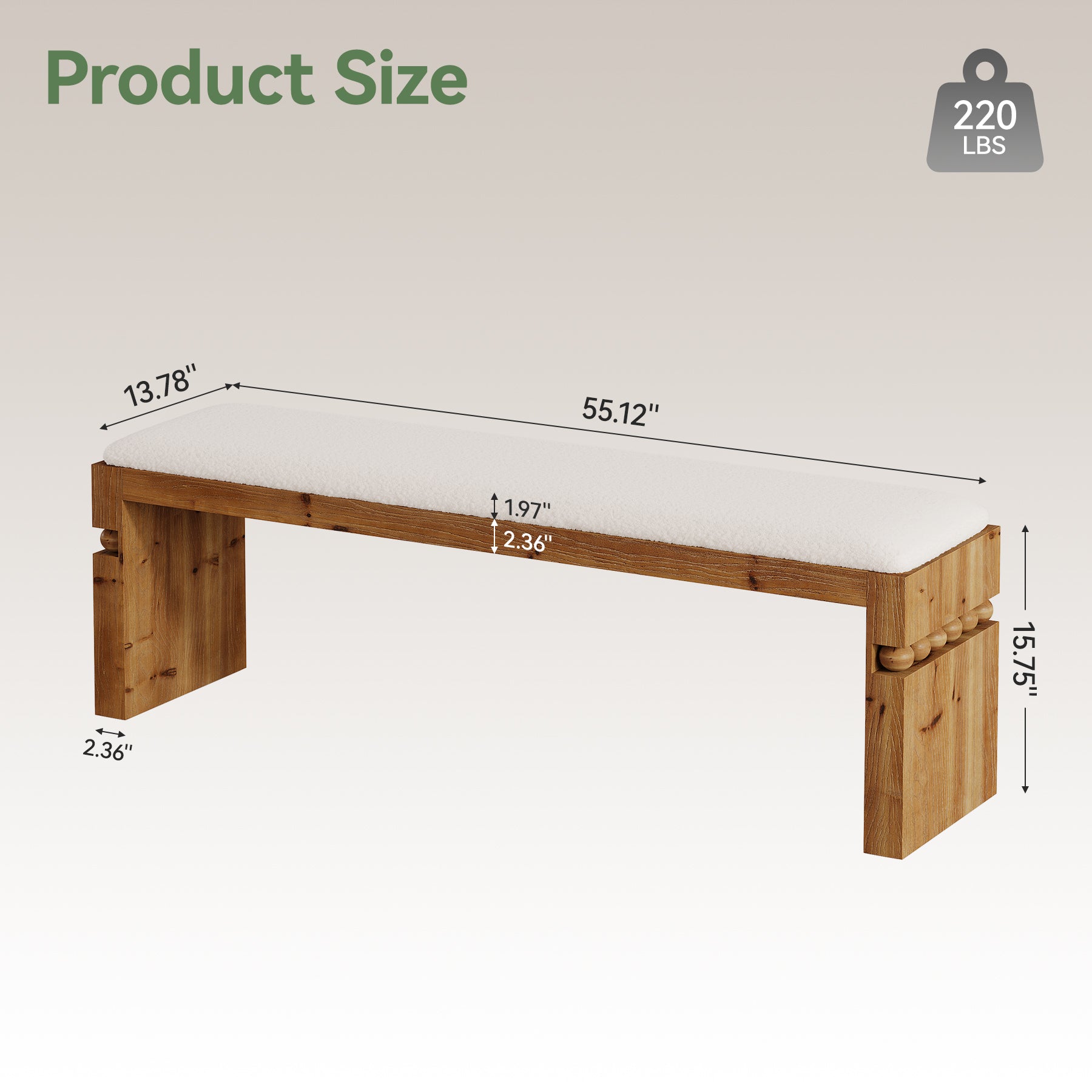 Solid Wood Entryway Shoe Bench, 55" Bedroom Footrest with Removable Cushion