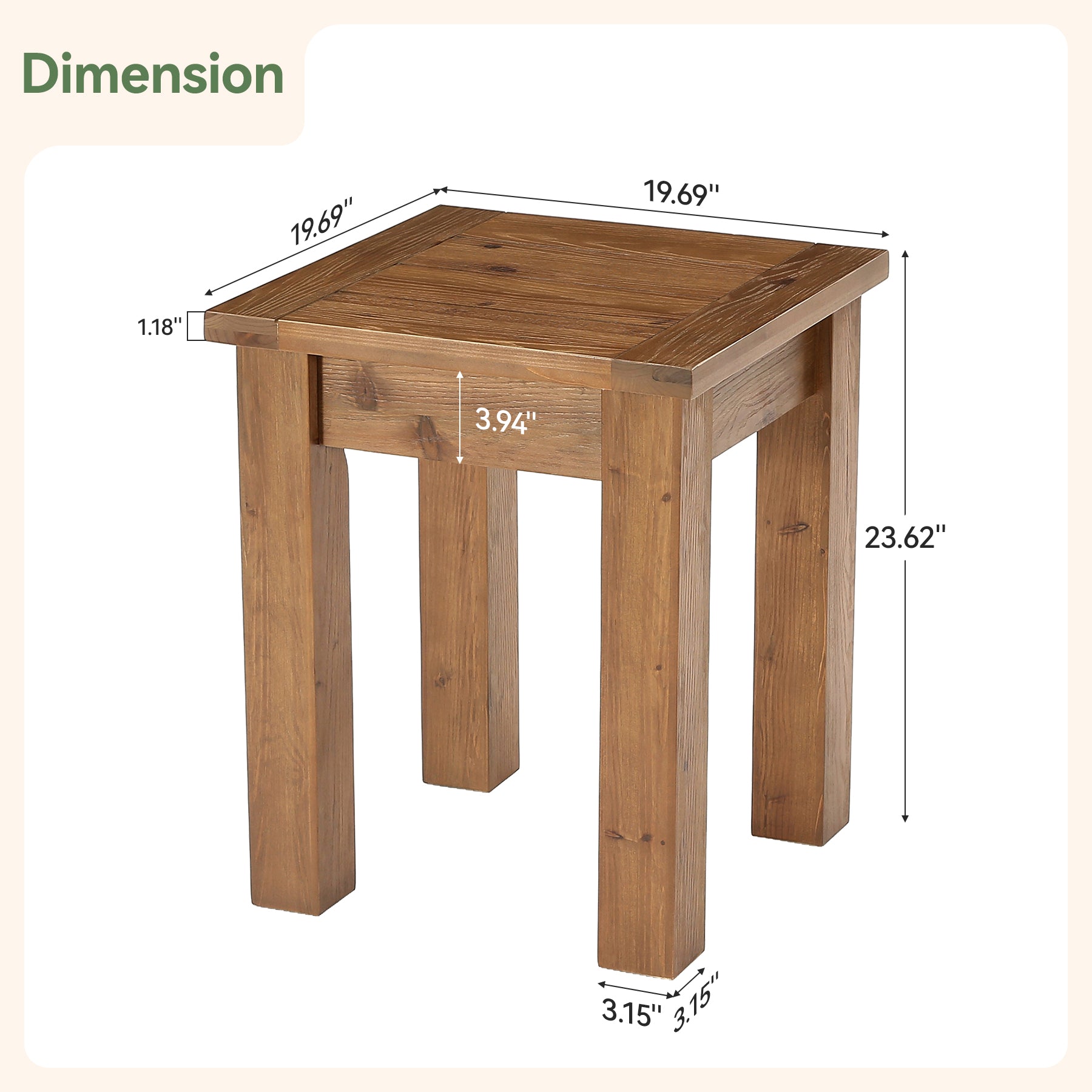 Square Solid Wood Side Table, Farmhouse End Tale with Stable Legs for Small Spaces