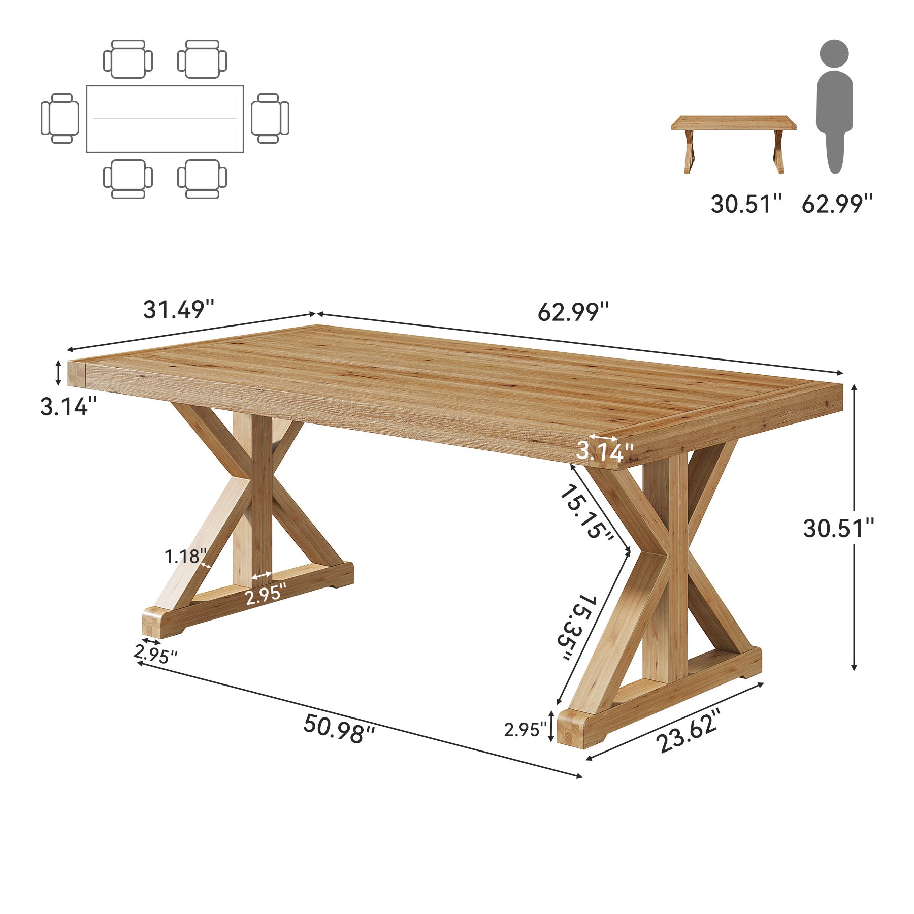 63" Solid Wood Dining Table, Rectangular Kitchen Table for 4-6