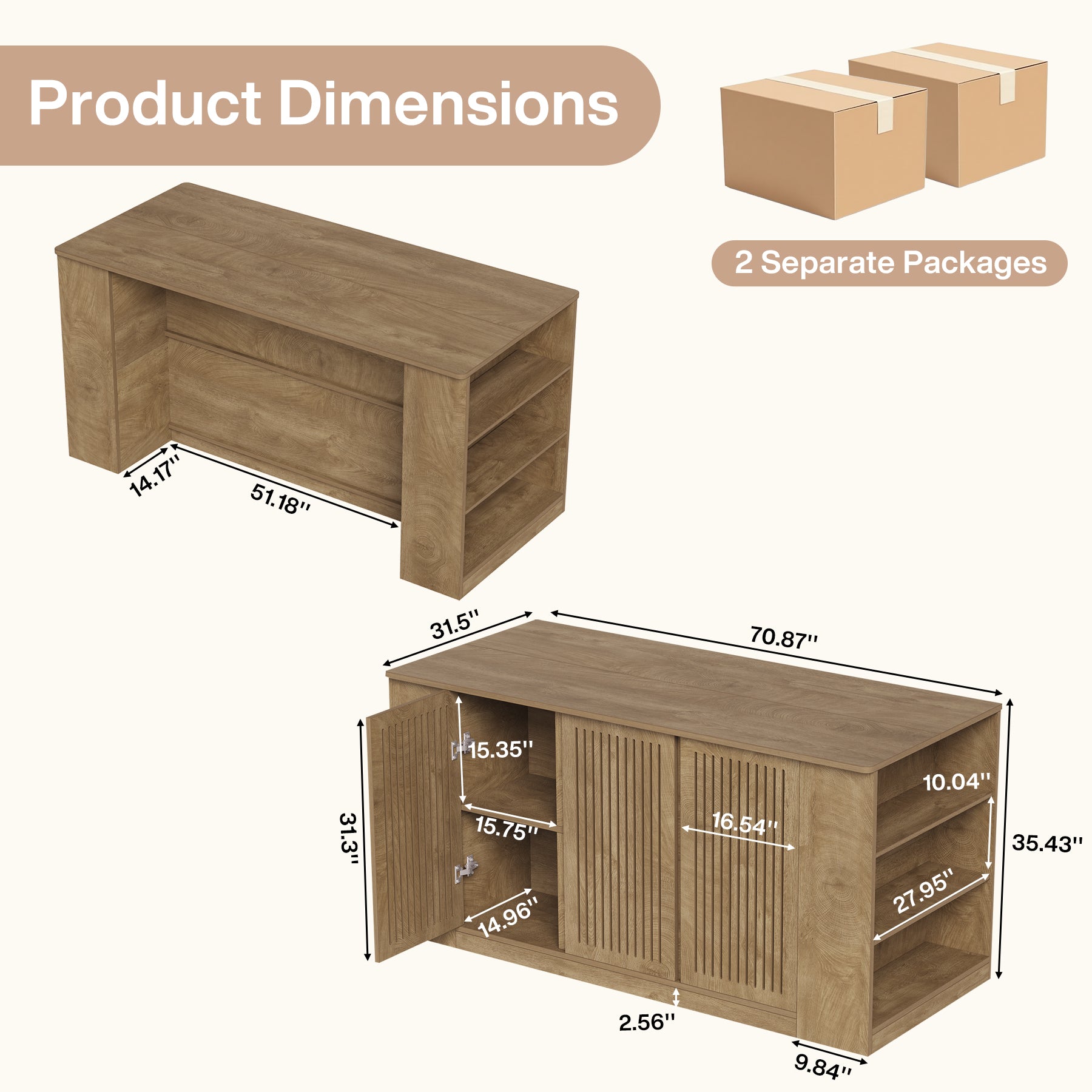 71" Bar Table, Farmhouse Counter Height Pub Table with Slatted Cabinet & 6 Open Shelves