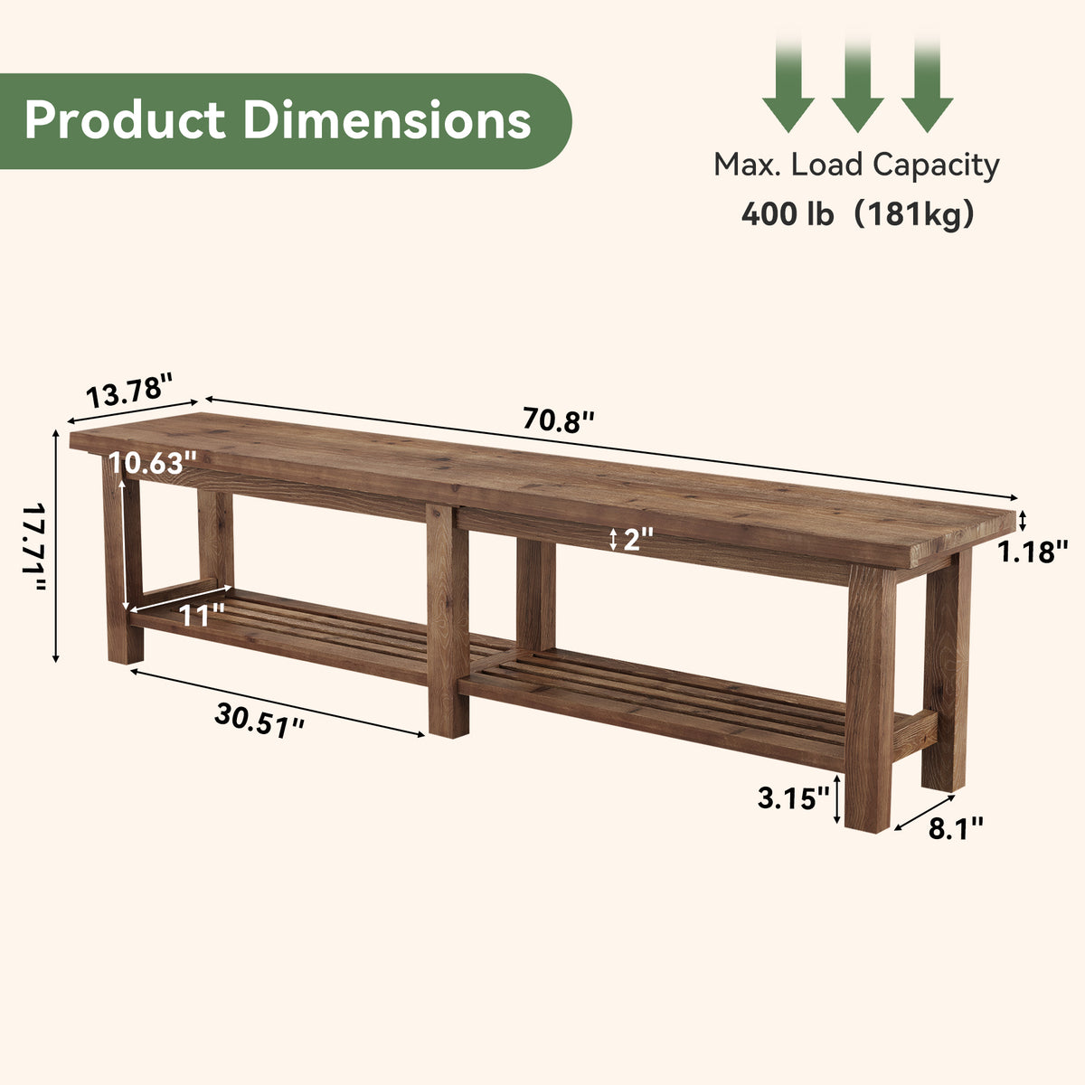 71" Solid Wood Entryway Bench, 2-Tier Shoe Bench End-of-Bed Bench with Open Storage