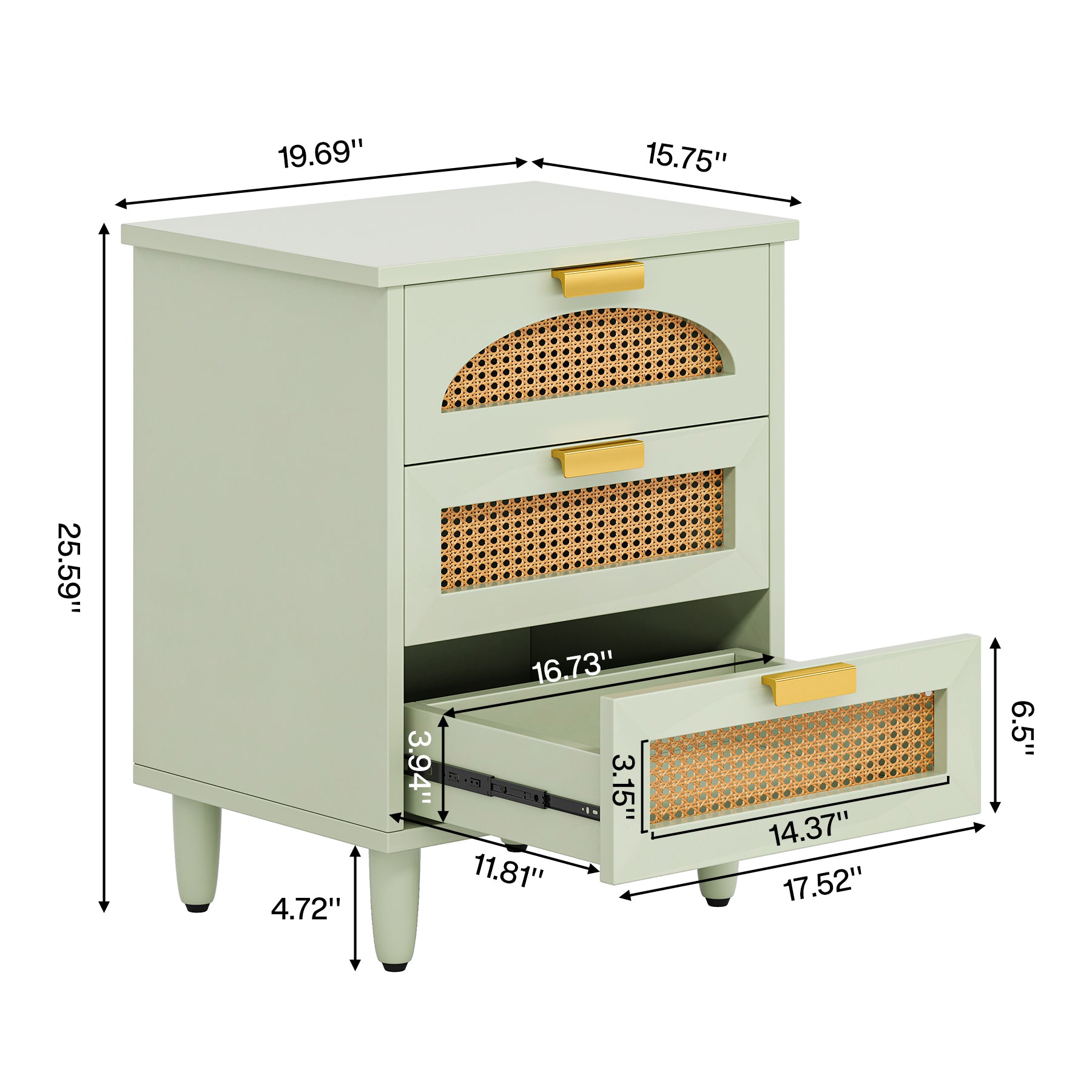Rattan Nightstand, 20-Inch Bedside Table Storage Cabinet with 3-Drawers