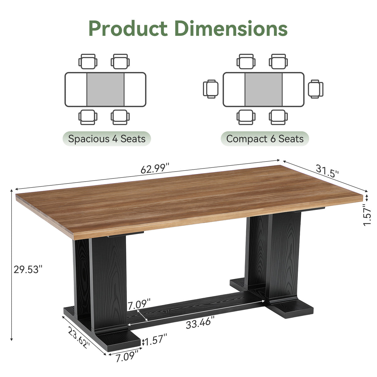 63" Solid Wood Conference Table for 4-6, Rectangular Office Meeting Table