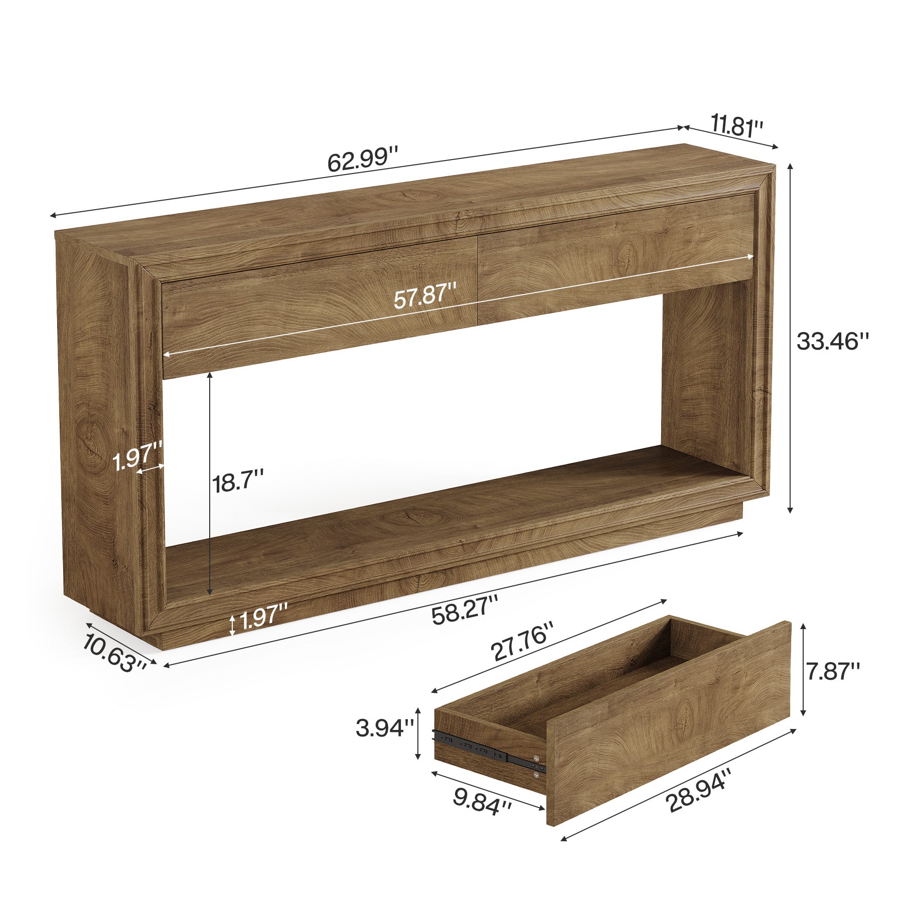 63" Farmhouse Console Table with 2 Drawers and Shelf, Wooden Entryway Sofa Table for Hallway, Foyer, or Behind Couch