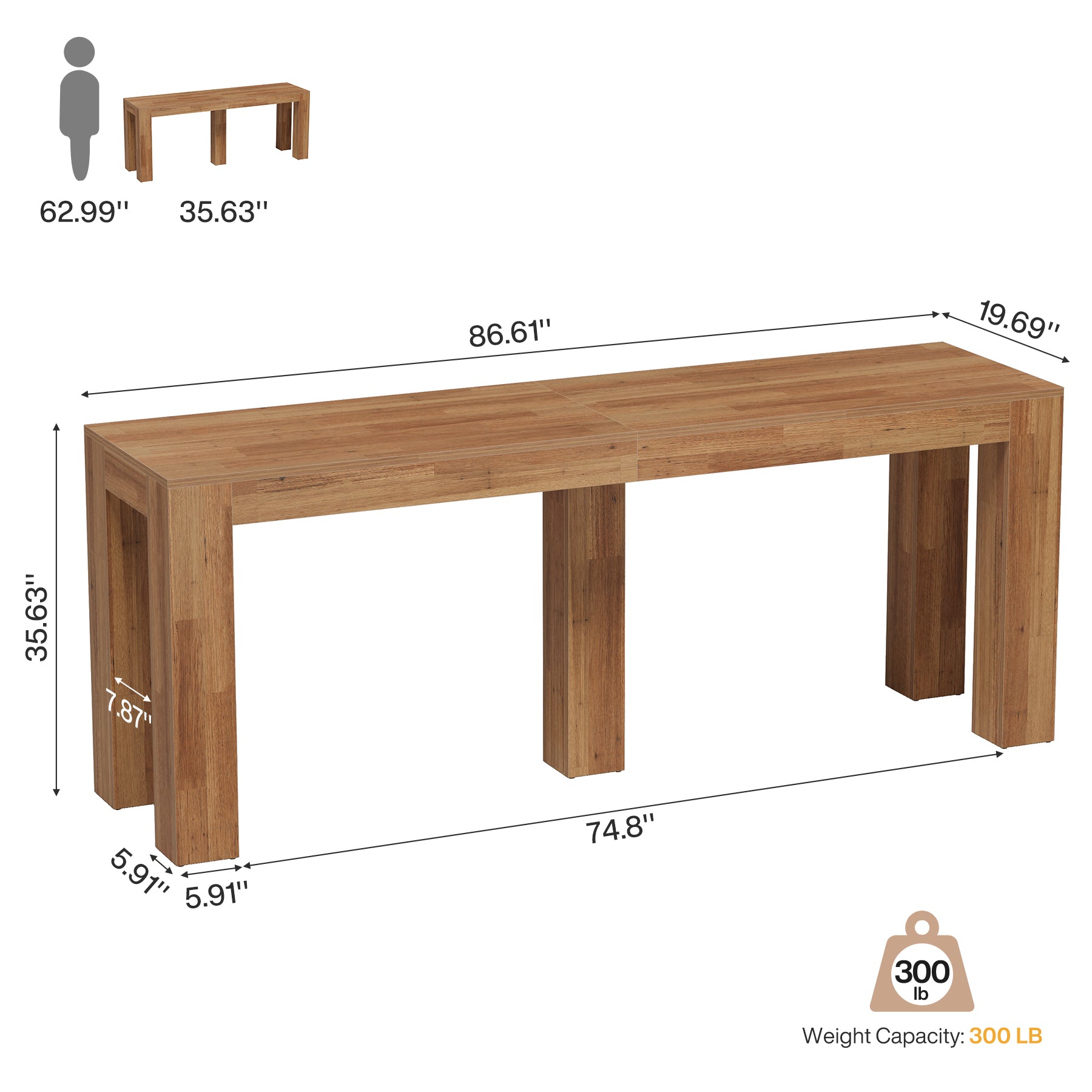 86.6" Counter Height Dining Table with 5 Legs, Wood Rectangle Bar Table for Kitchen