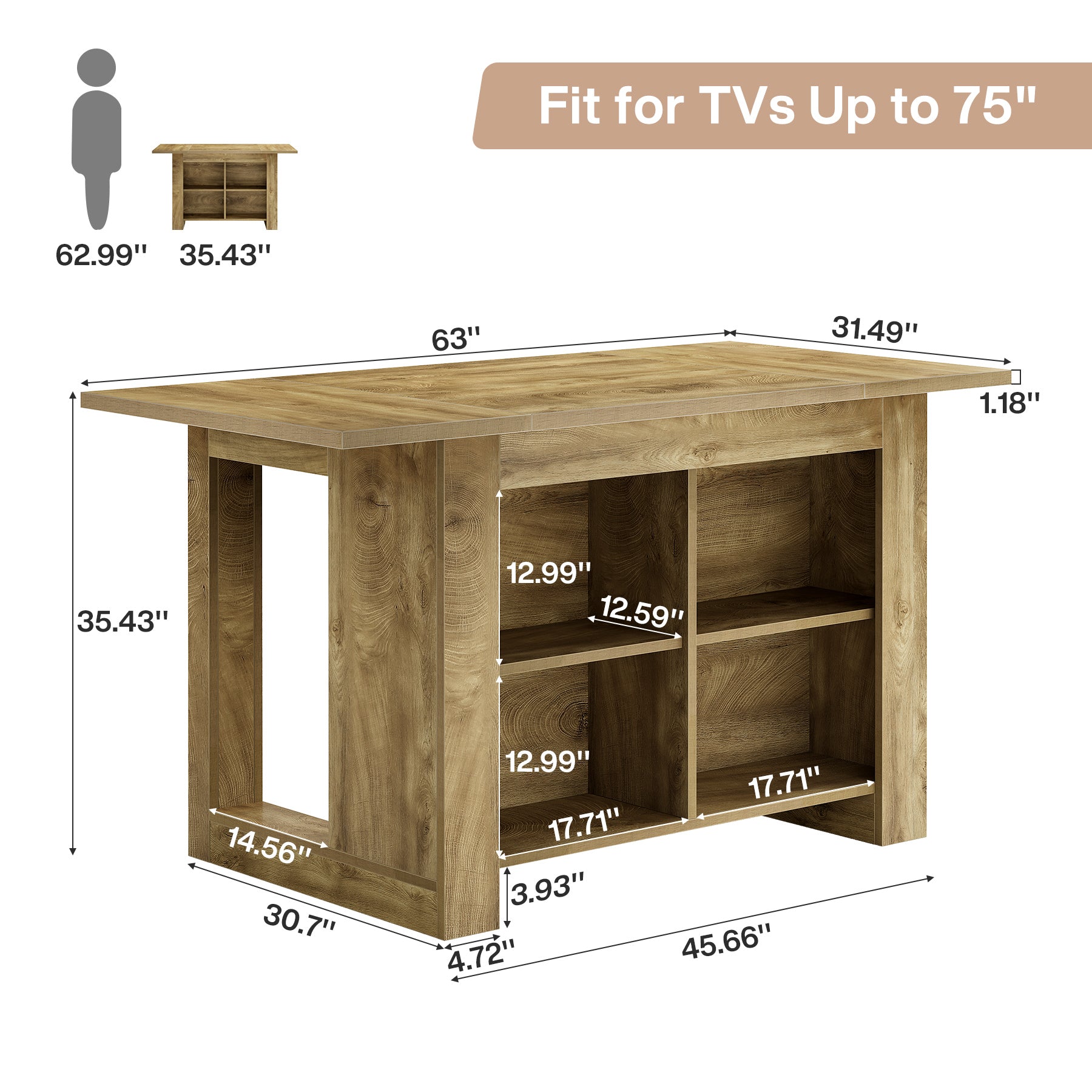 63" Kitchen Island, Farmhouse Counter Height Bar Table with Storage